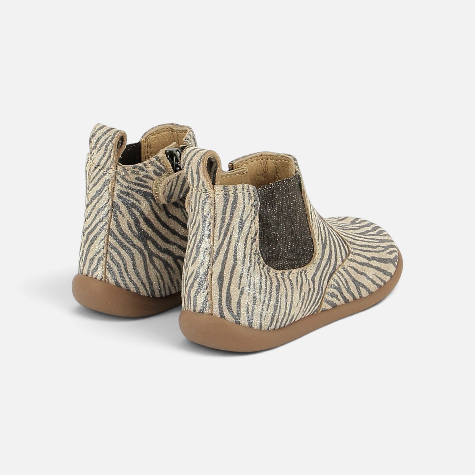 Bottines premiers pas Pom d'Api Masego en cuir imprimé zèbre avec semelle souple et élastique latéral