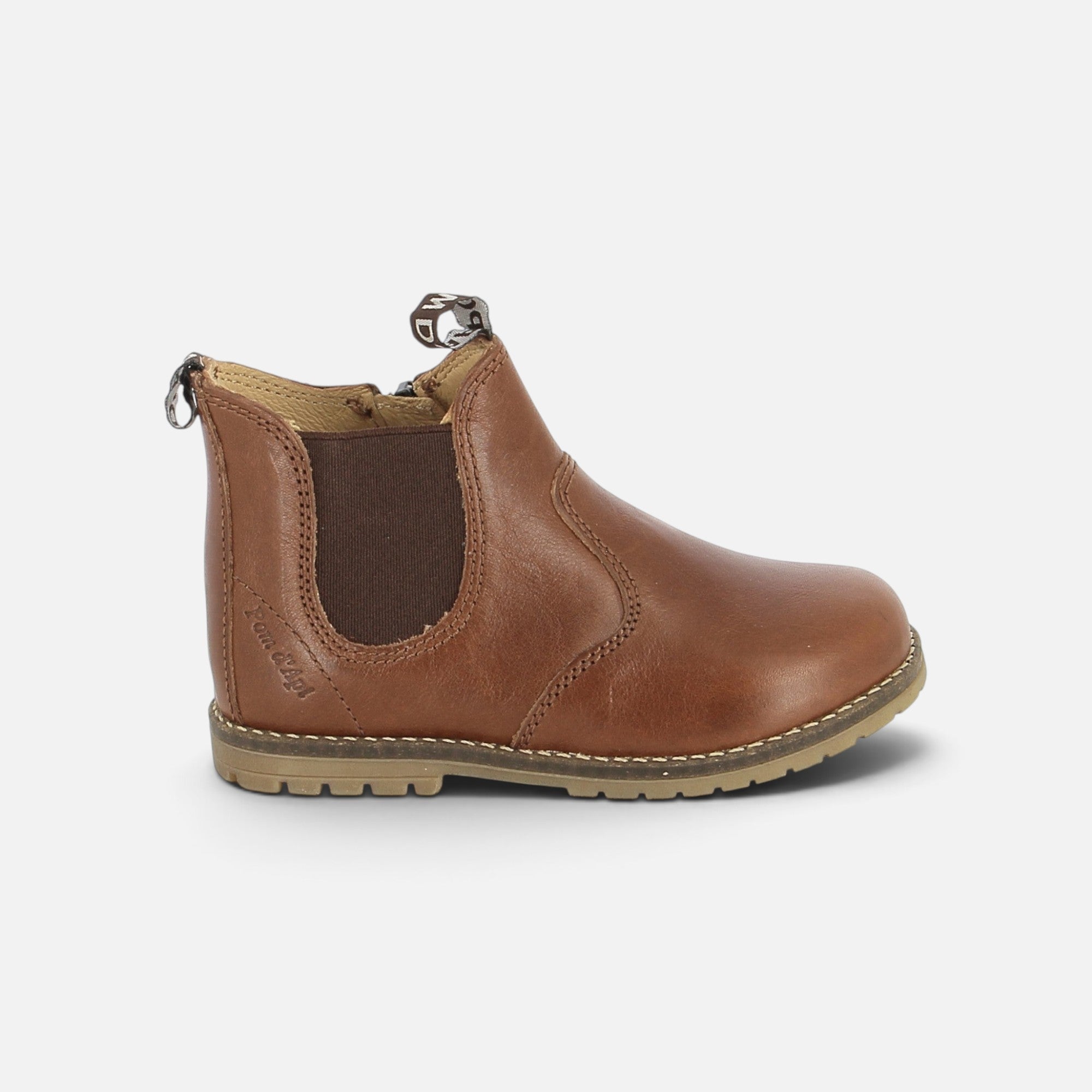 Bottines Chelsea Pom d'Api Bob en cuir marron avec zip latéral, semelle antidérapante et détails élastiques
