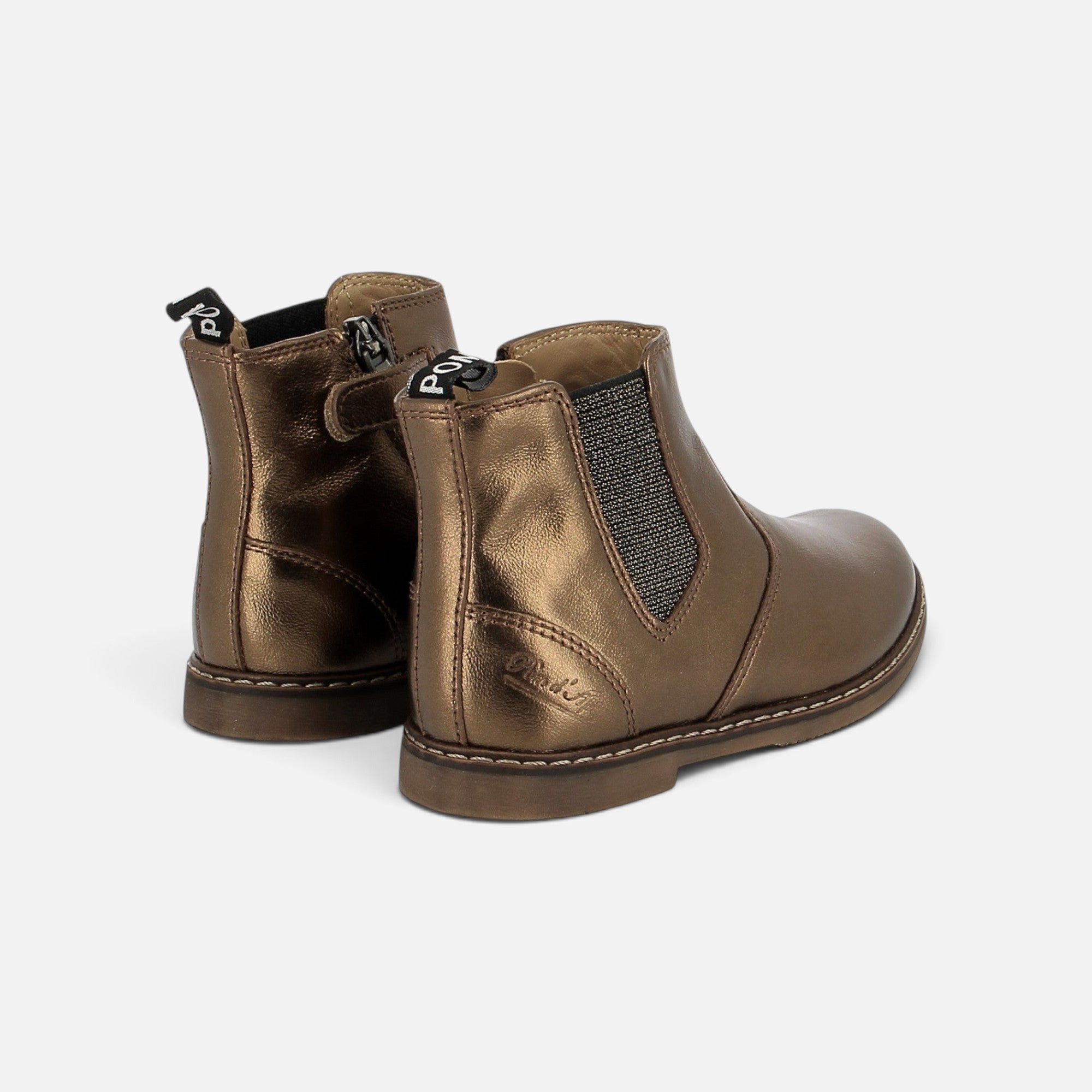 Bottines Pom d'Api City en cuir laminé couleur cuivre foncé avec fermeture éclair latérale et empiècement élastique