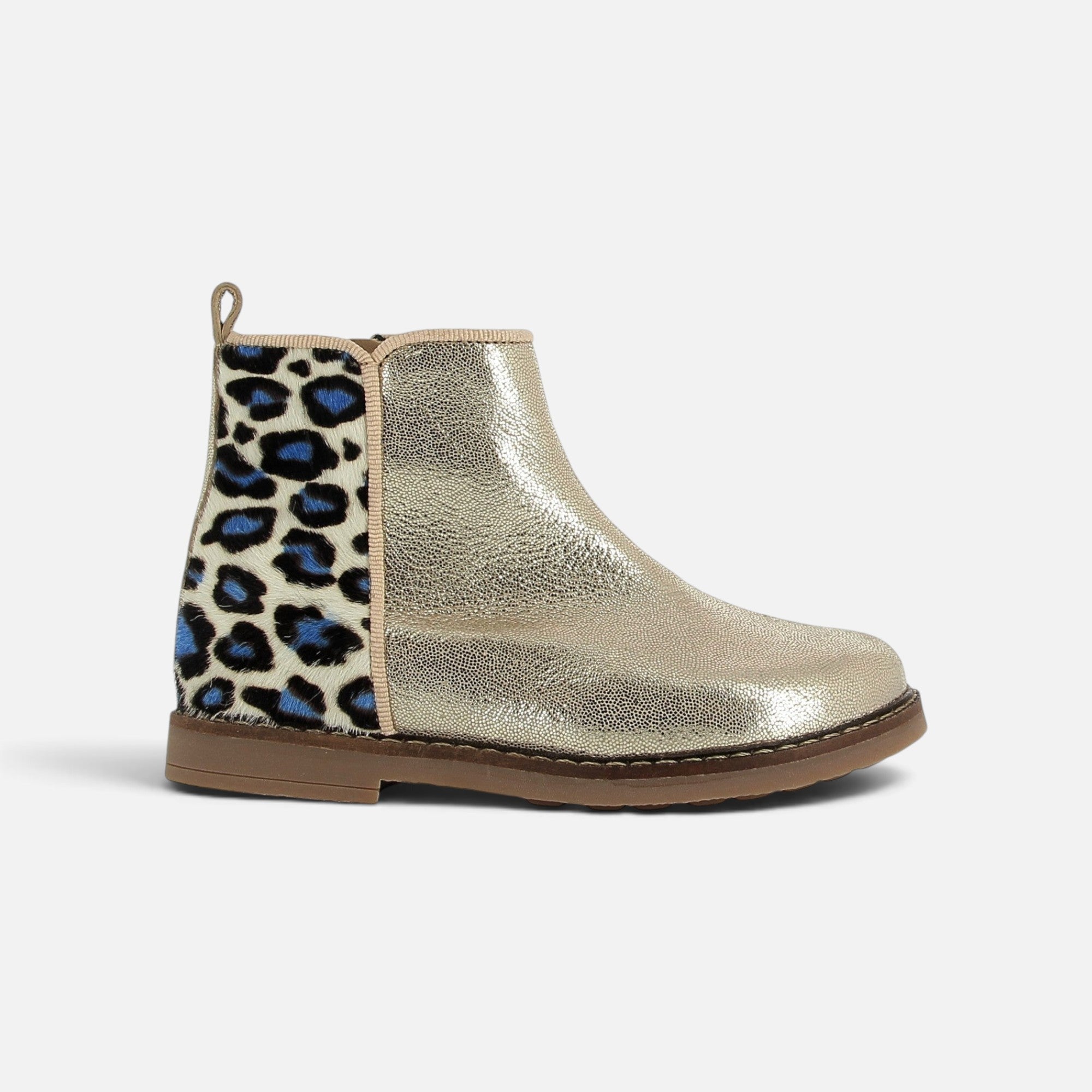 Bottines Pom d'Api Trip en cuir métallisé doré et empiècement arrière en cuir imprimé léopard bleu et noir