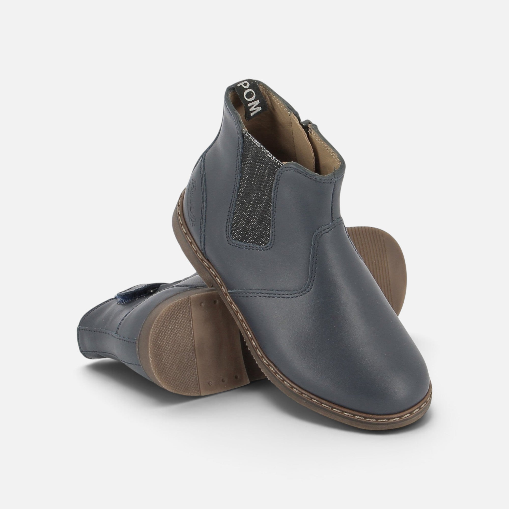 Bottines enfant Pom d'Api City Jodzip en cuir bleu marine avec fermeture éclair latérale et semelle souple