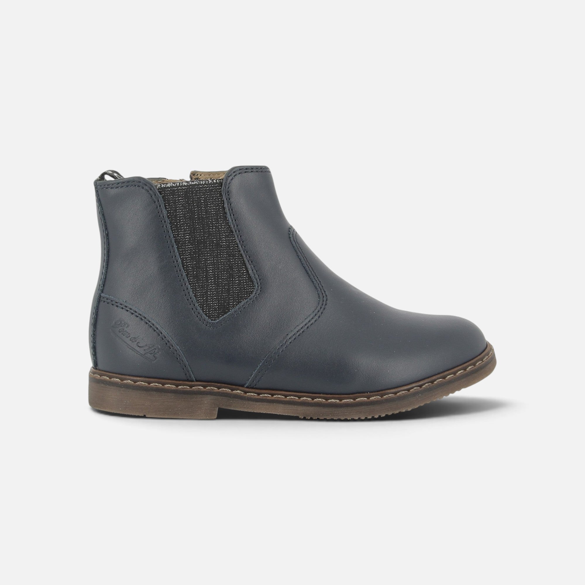 Bottines enfant Pom d'Api City Jodzip en cuir bleu marine avec zip latéral et empiècement élastique brillant