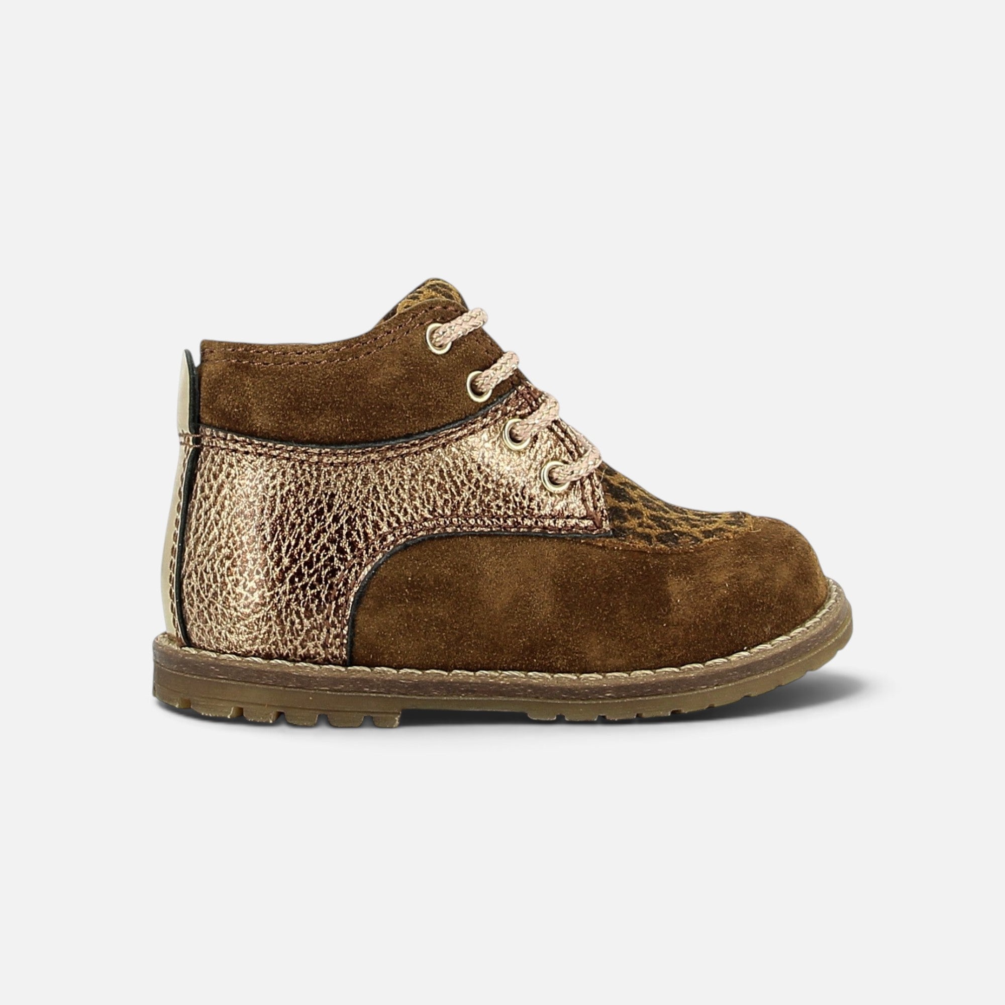 Bottines Pom d'Api Bob Hunter en cuir suédé marron et détails dorés avec imprimé animalier et lacets