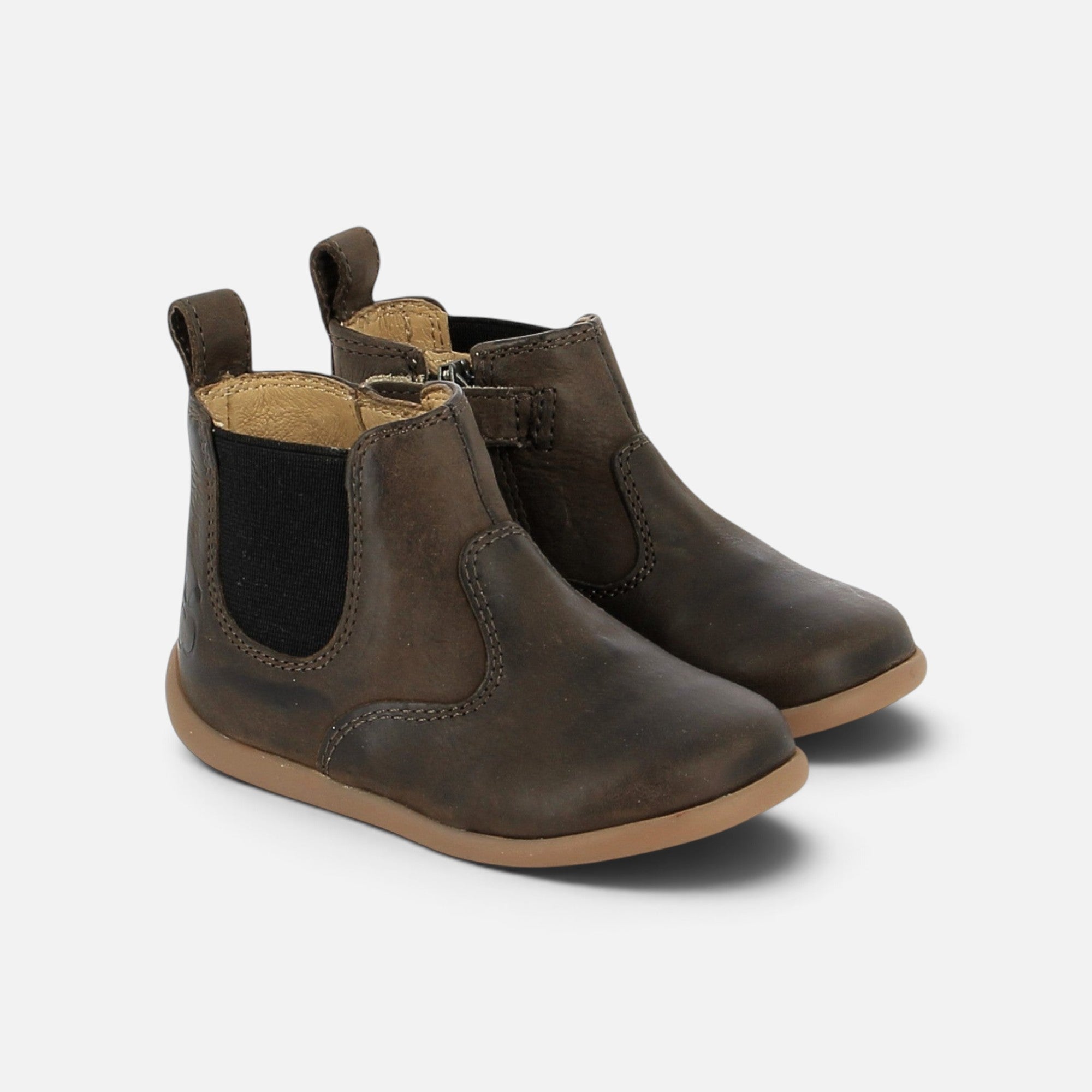 Bottines premiers pas Pom d'Api en cuir marron avec fermeture élastique et zip latéral pour un maintien optimal