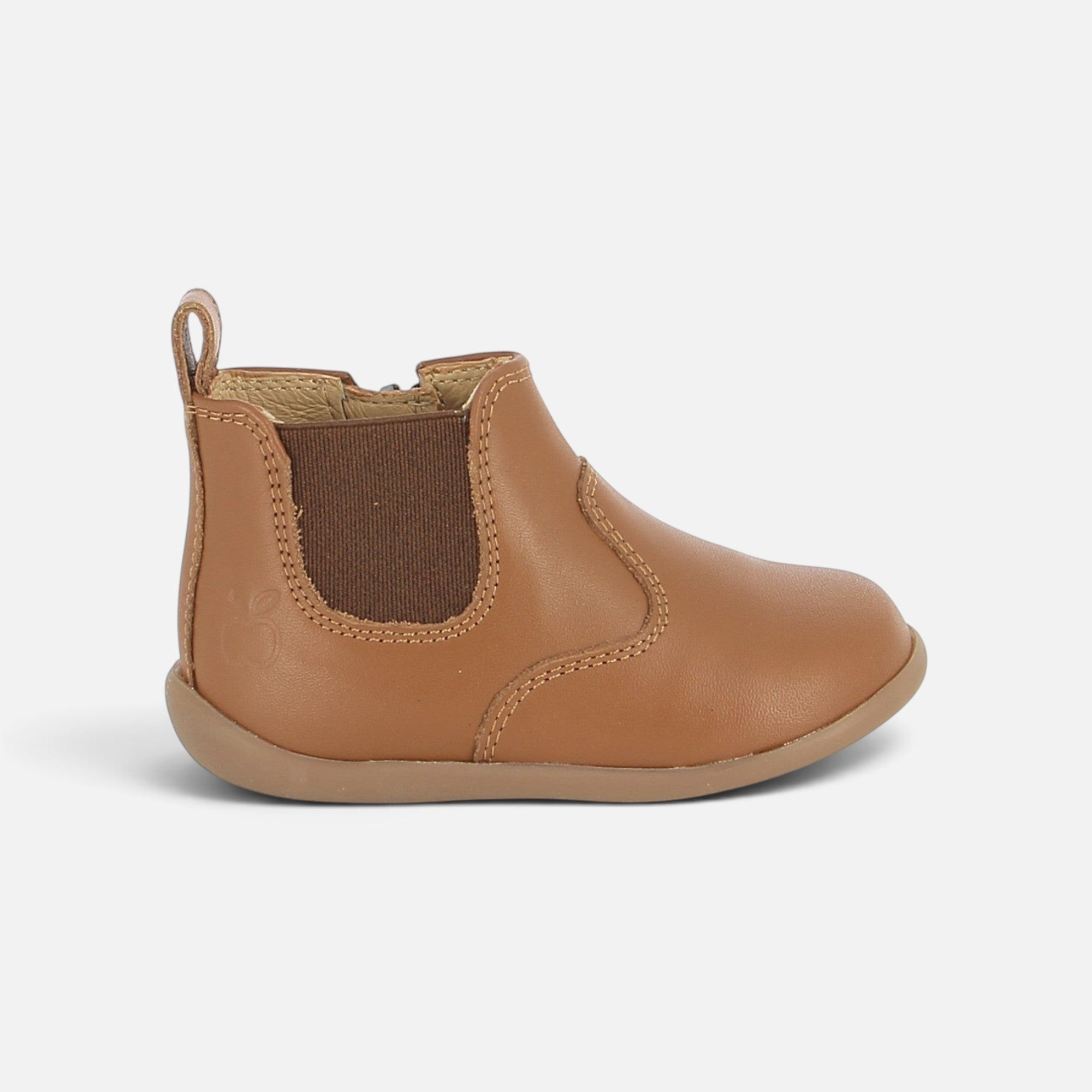 Bottines premiers pas Pom d'Api Buda en cuir marron avec élastique latéral et semelle souple anti-torsion