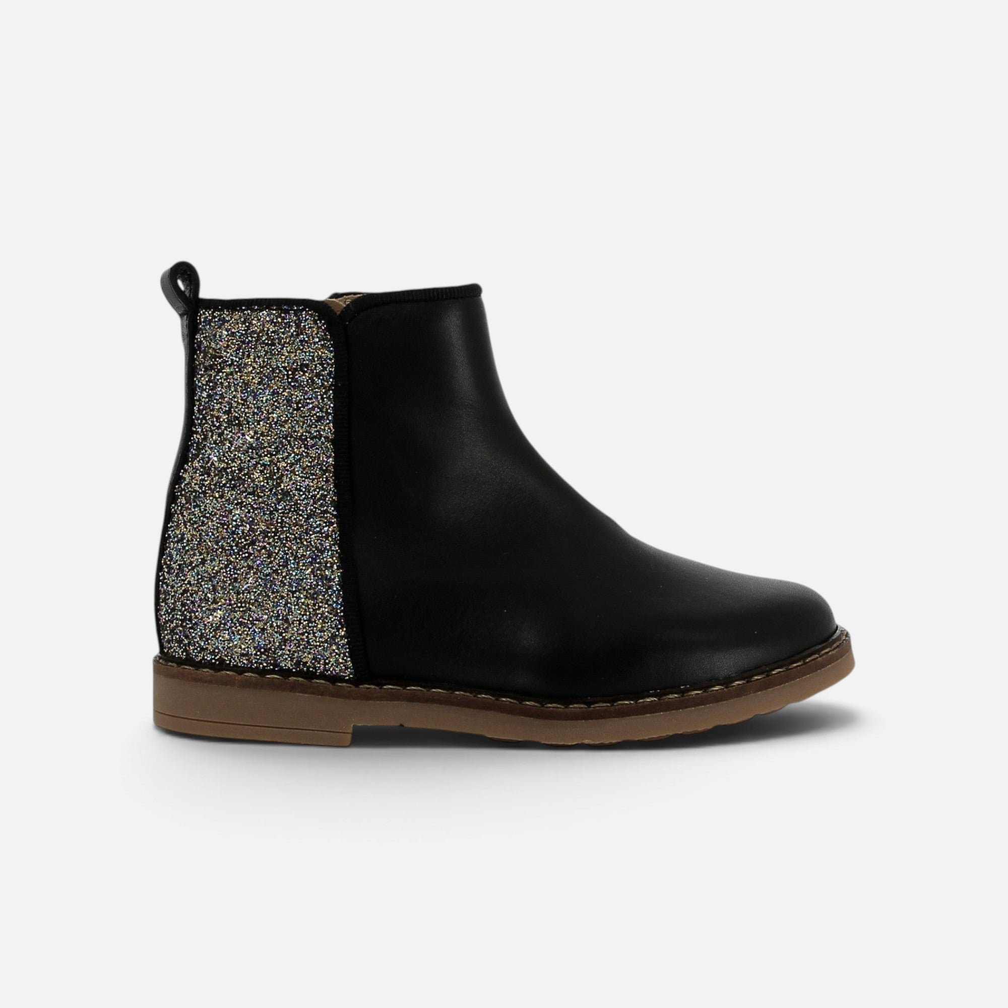 Bottines Pom d'Api Trip en cuir noir lisse avec empiècement arrière en glitter multicolore et fermeture zippée