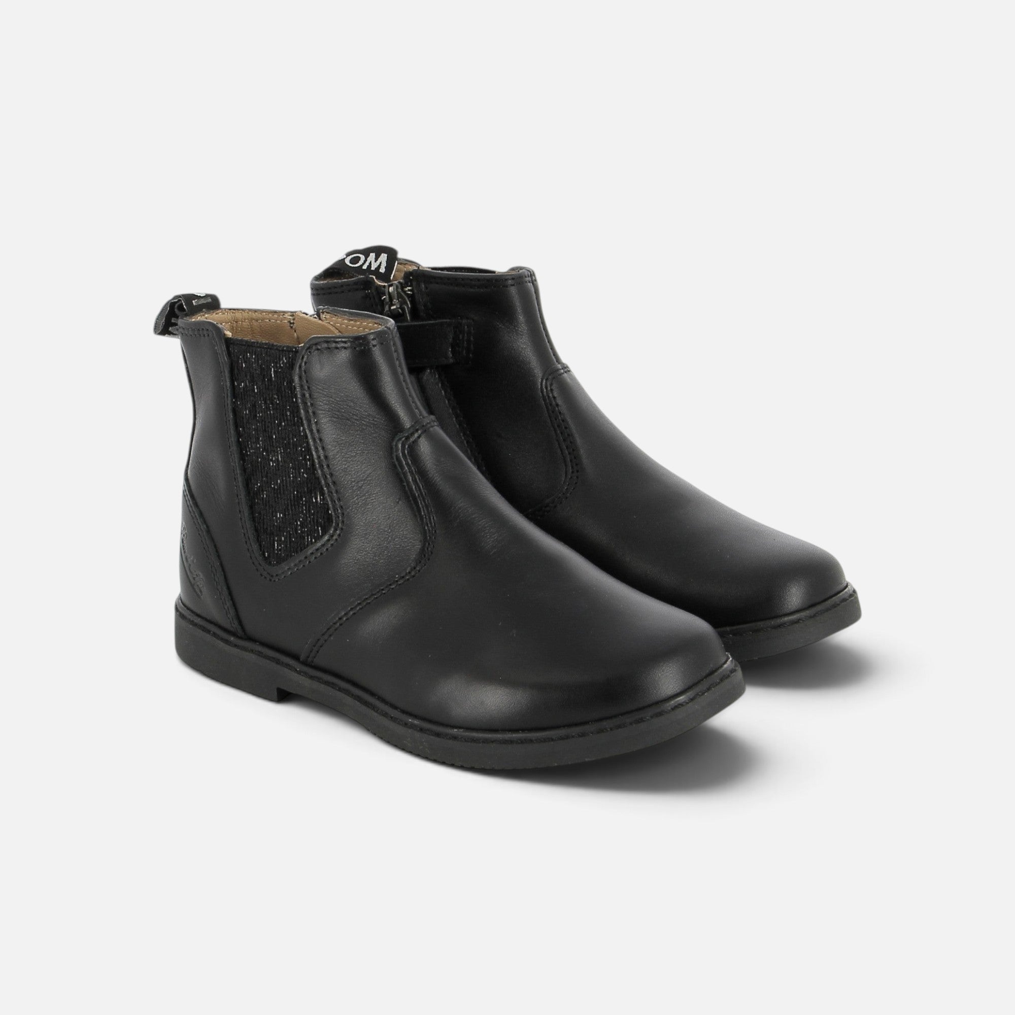 Bottines enfant Pom d'Api City en cuir nappa noir avec fermeture éclair latérale et empiècement élastique brillant