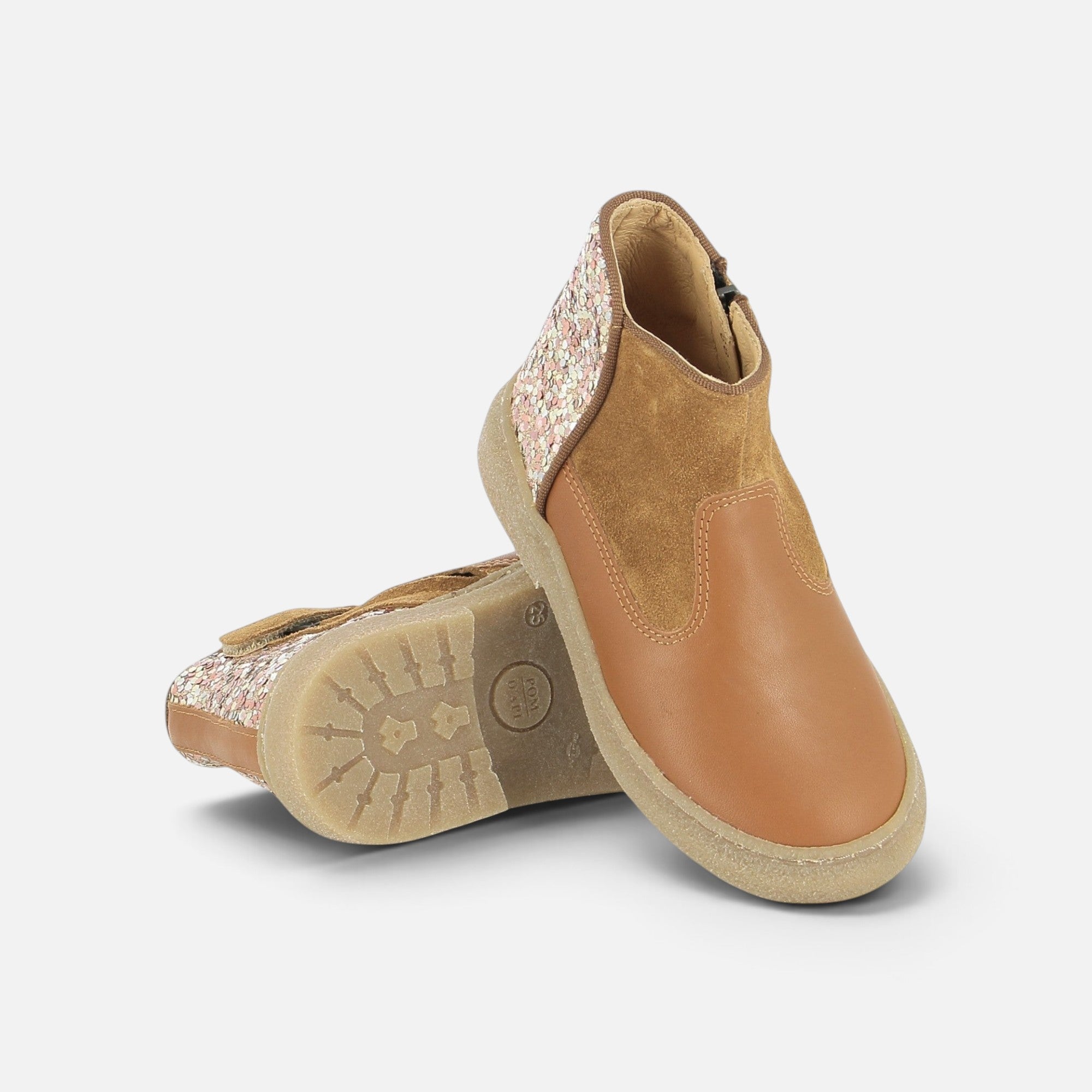 Bottines Pom d'Api Trix Back en cuir marron et daim pailleté avec semelle souple en caoutchouc et fermeture zippée