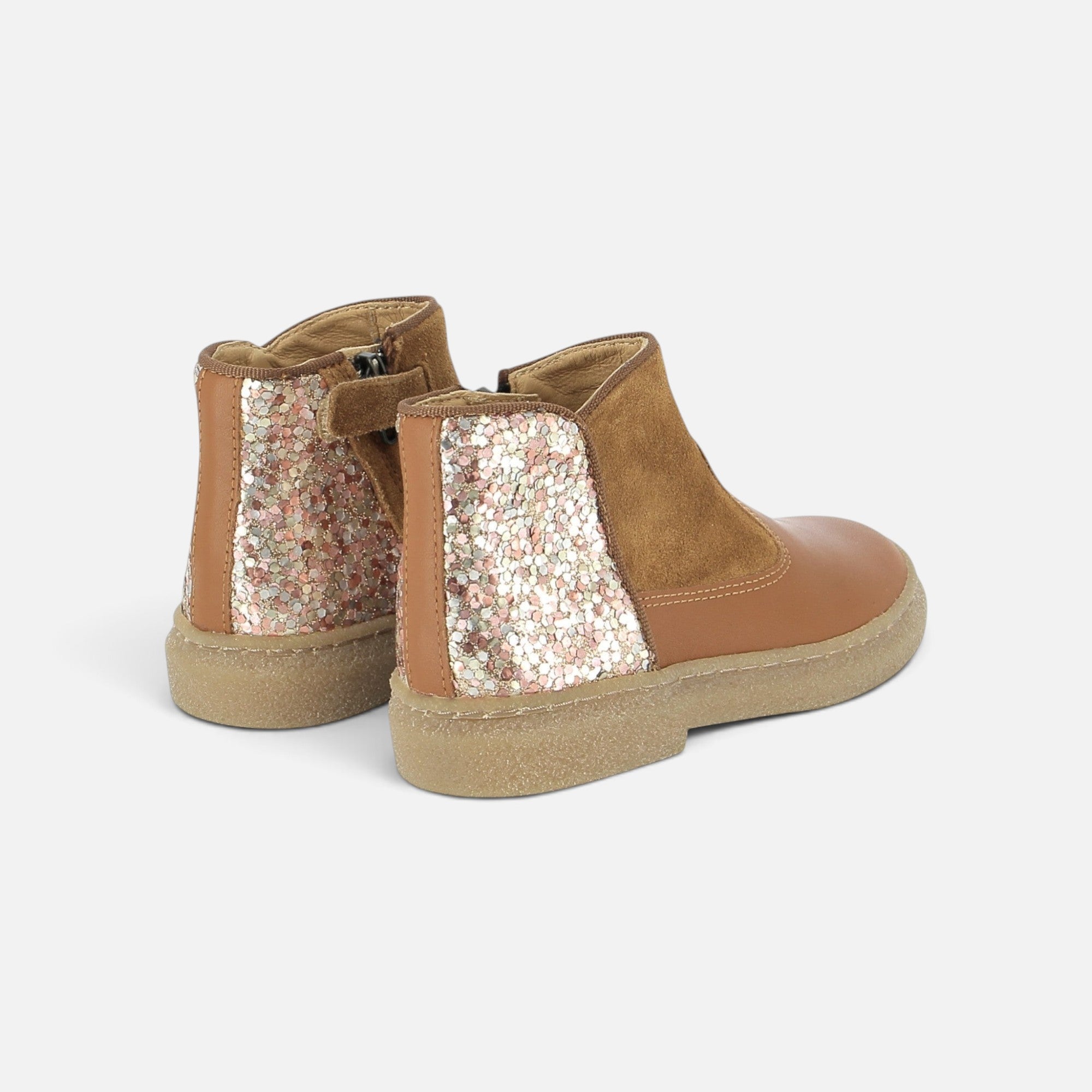 Bottines Pom d'Api Trix Back en cuir marron et daim avec détails pailletés et fermeture éclair arrière