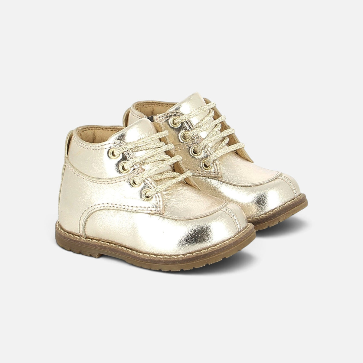 Bottines Pom d'Api Bob Hunter en cuir laminé platine avec lacets et semelle antidérapante pour enfant