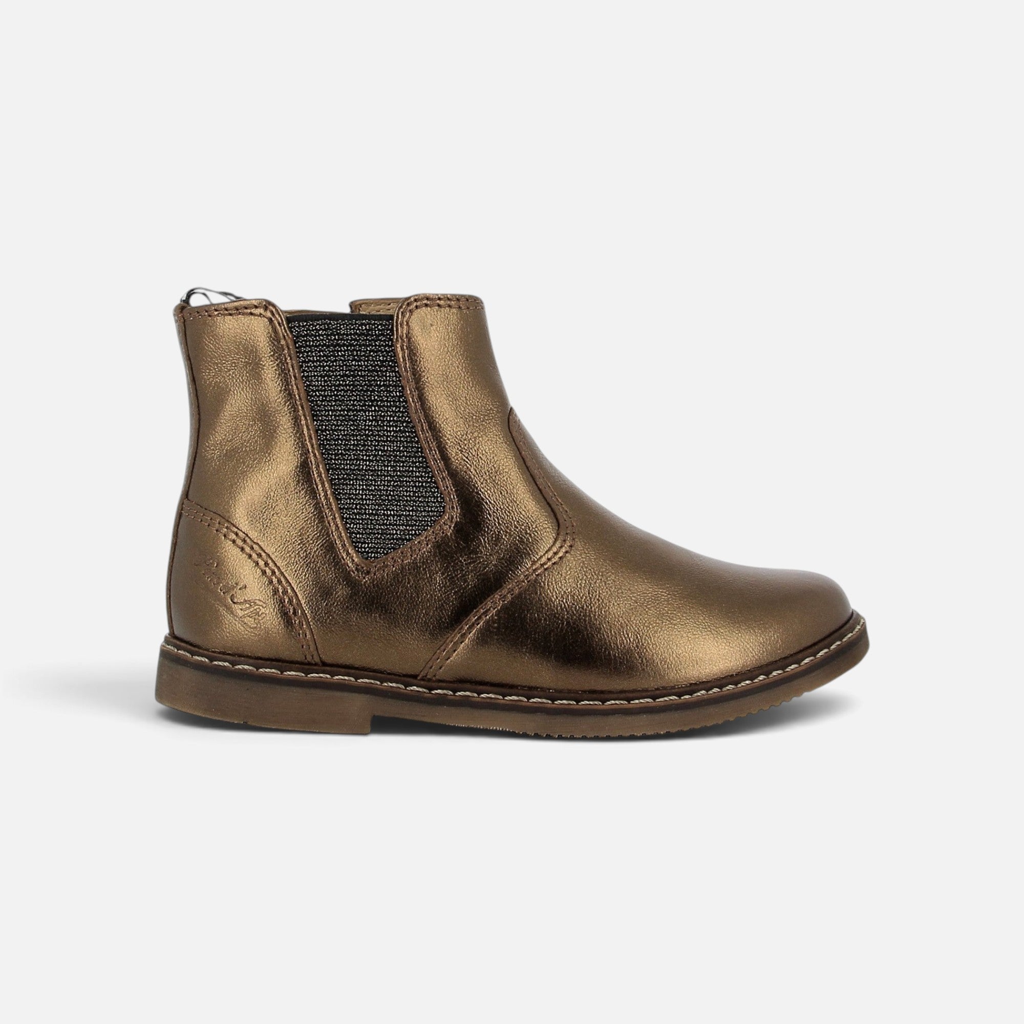 Bottines Pom d'Api City en cuir laminé couleur cuivre foncé avec élastique latéral et fermeture zippée