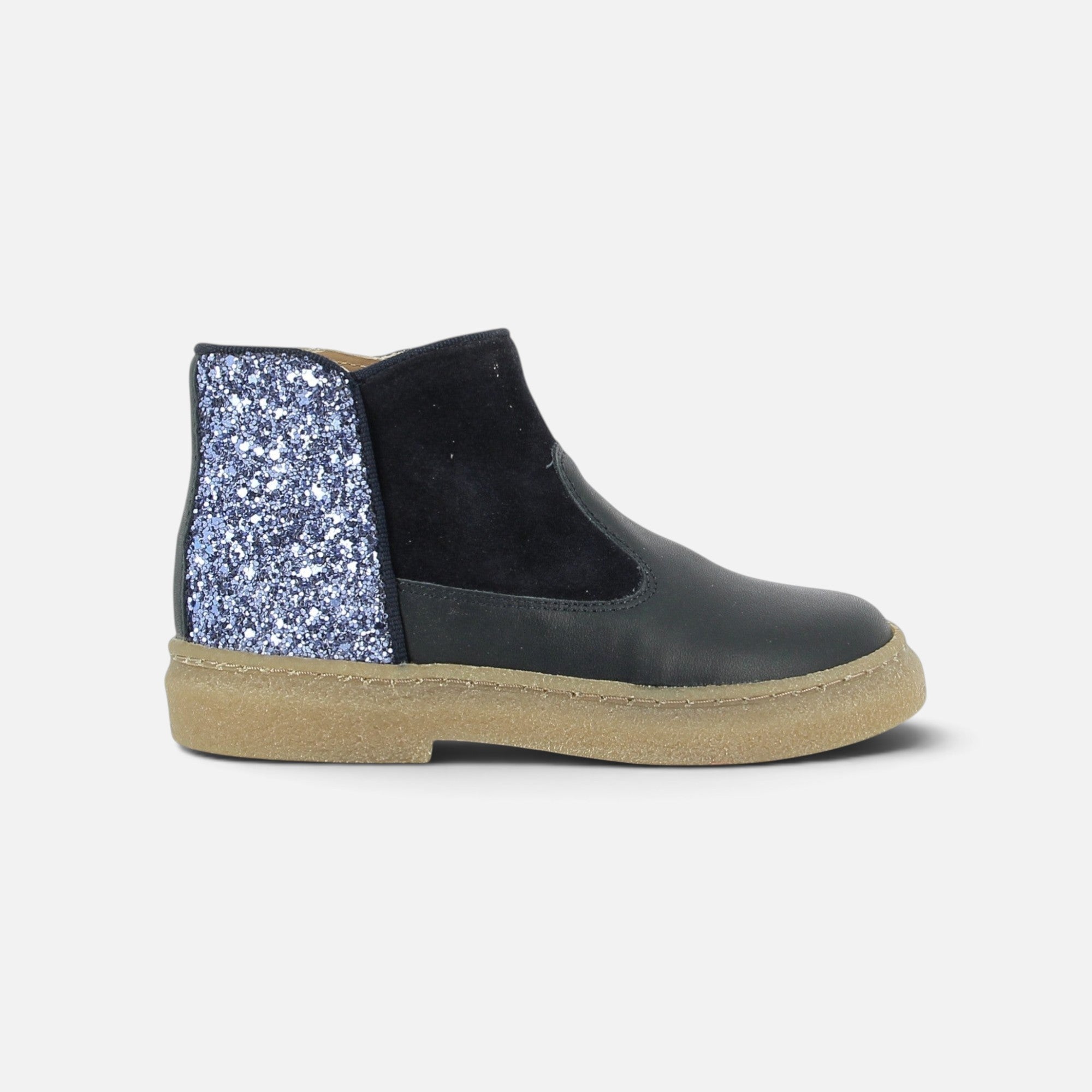 Bottines Pom d'Api Trix Back bleu marine en cuir et daim avec empiècement arrière pailleté et semelle en caoutchouc