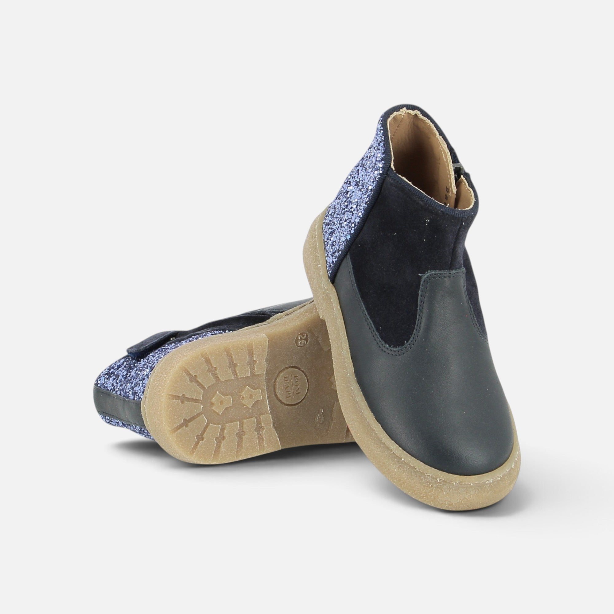 Bottines Pom d'Api Trix Back bleu marine en cuir et velours pailleté avec semelle souple et fermeture zippée arrière