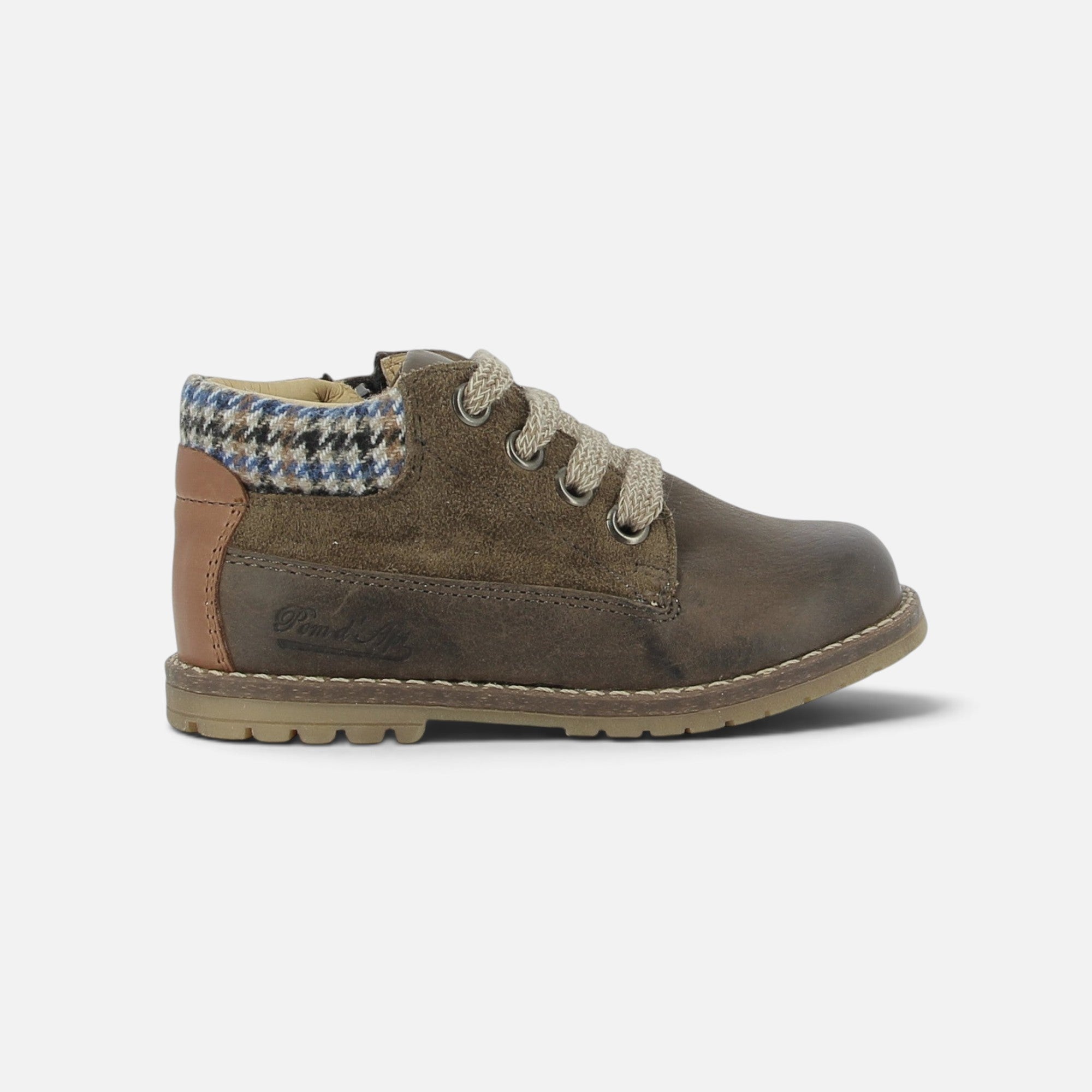 Bottines Pom d'Api Bob Zip en velours brun avec col matelassé à motif pied-de-poule et fermeture éclair latérale
