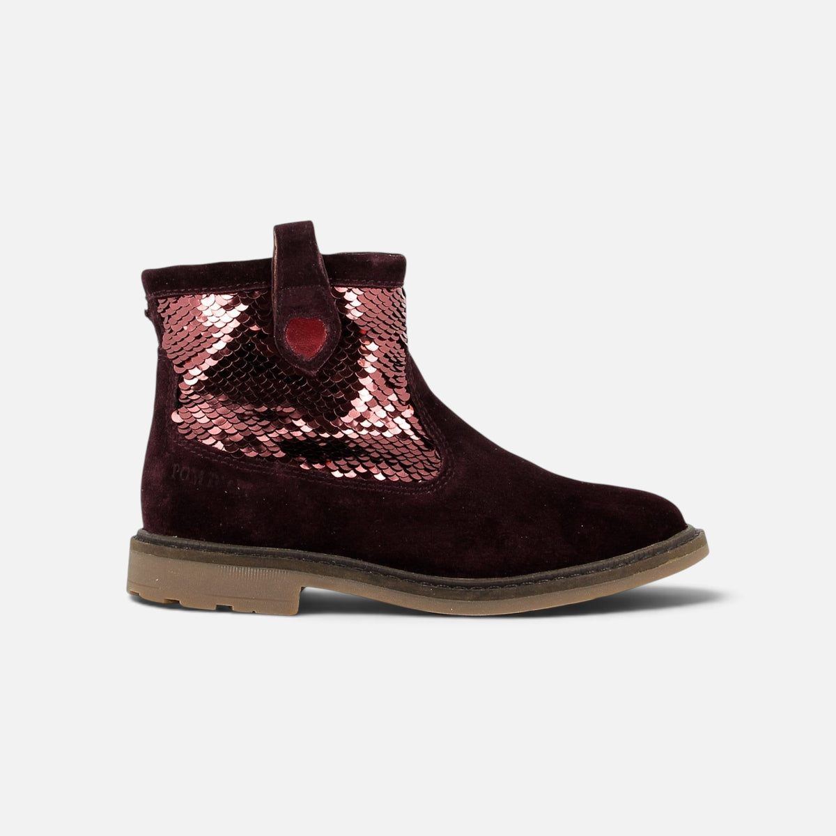Bottines Pom d'Api Sister en velours grenat et sequins scintillants, avec fermeture éclair latérale.