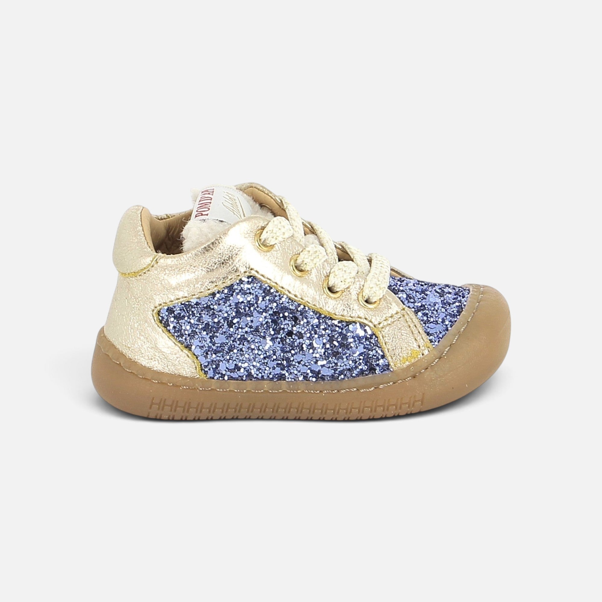 Chaussures barefoot Pom d'Api Yaka dorées et bleues à paillettes avec semelle souple pour les premiers pas