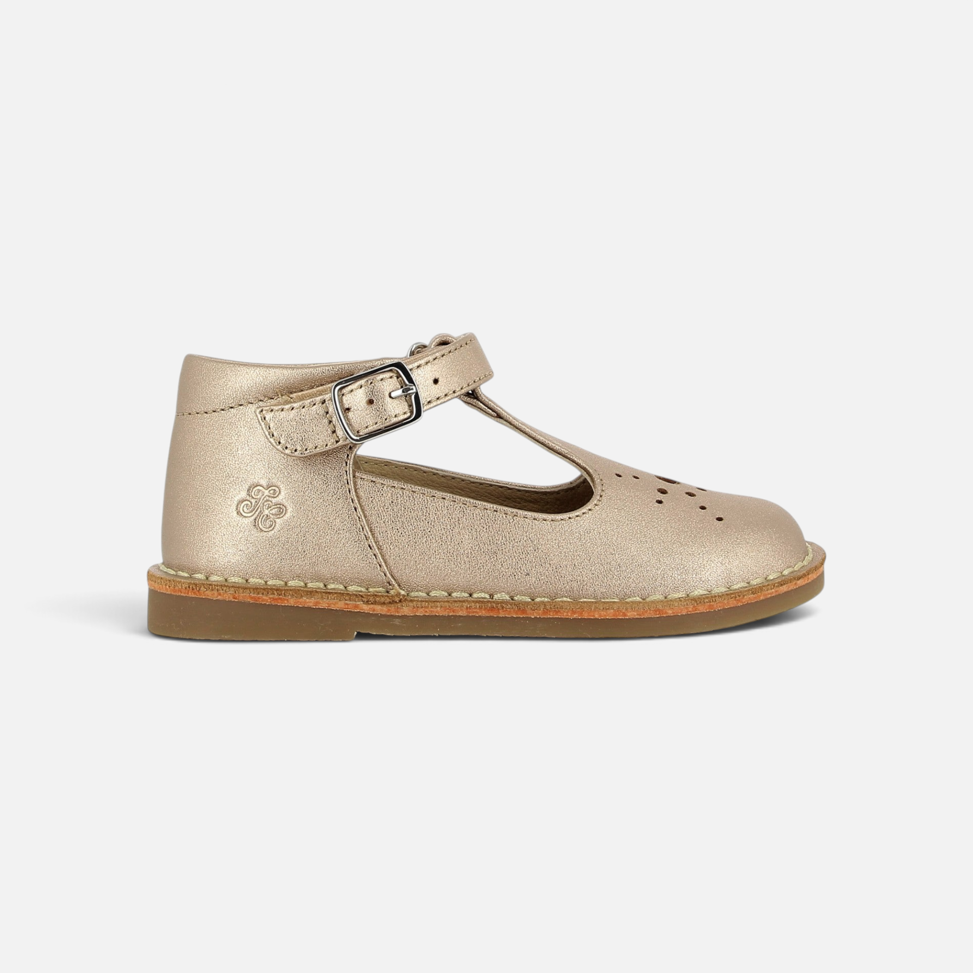 Chaussure salomé Pom d'Api en cuir laminé couleur cuivre avec bride réglable et détails perforés sur le dessus