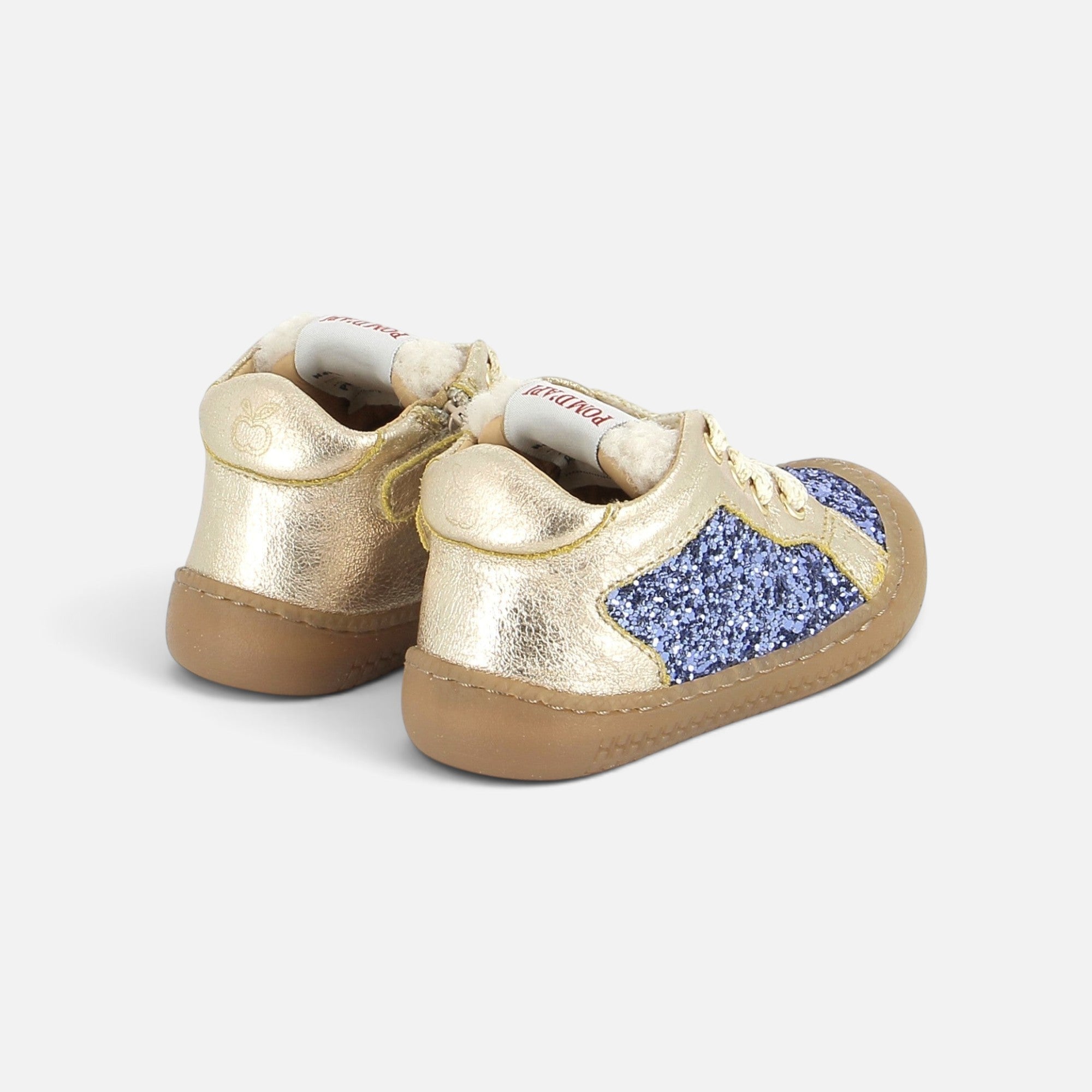 Chaussures barefoot Pom d'Api Yaka Star dorées et bleues pailletées avec semelle souple pour premiers pas
