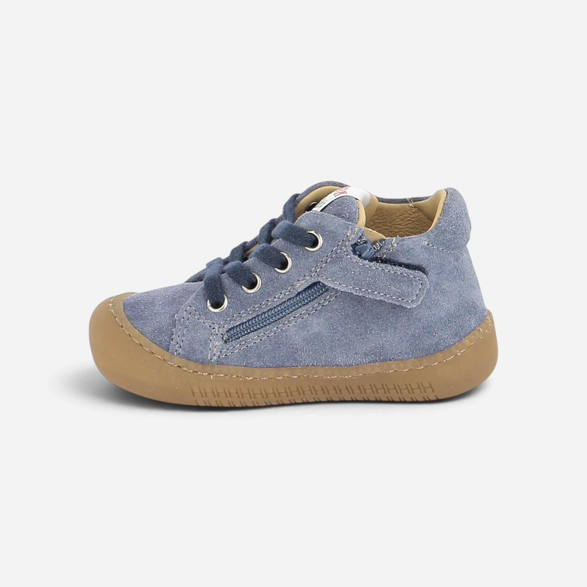 Chaussures barefoot Pom d'Api Yaka en velours bleu jeans avec semelle souple et fermeture éclair latérale