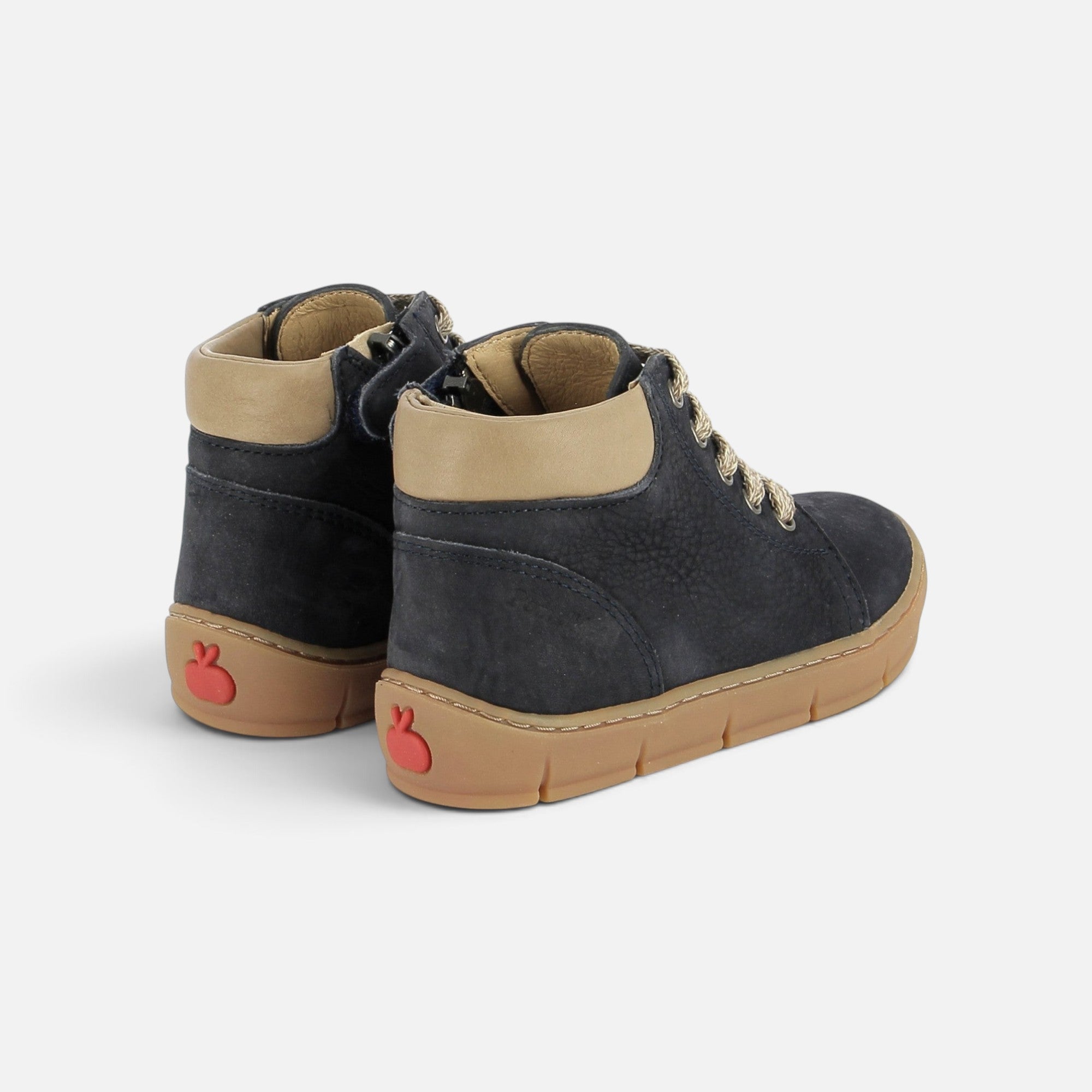 Chaussures montantes Pom d'Api Start en nubuck bleu marine avec col beige, lacets et semelle en gomme marron