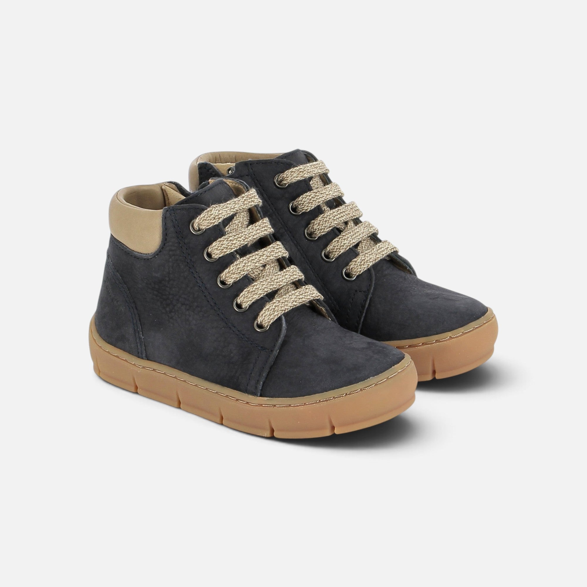 Chaussures montantes Pom d'Api Start en nubuck bleu marine avec lacets beiges et semelle en gomme souple