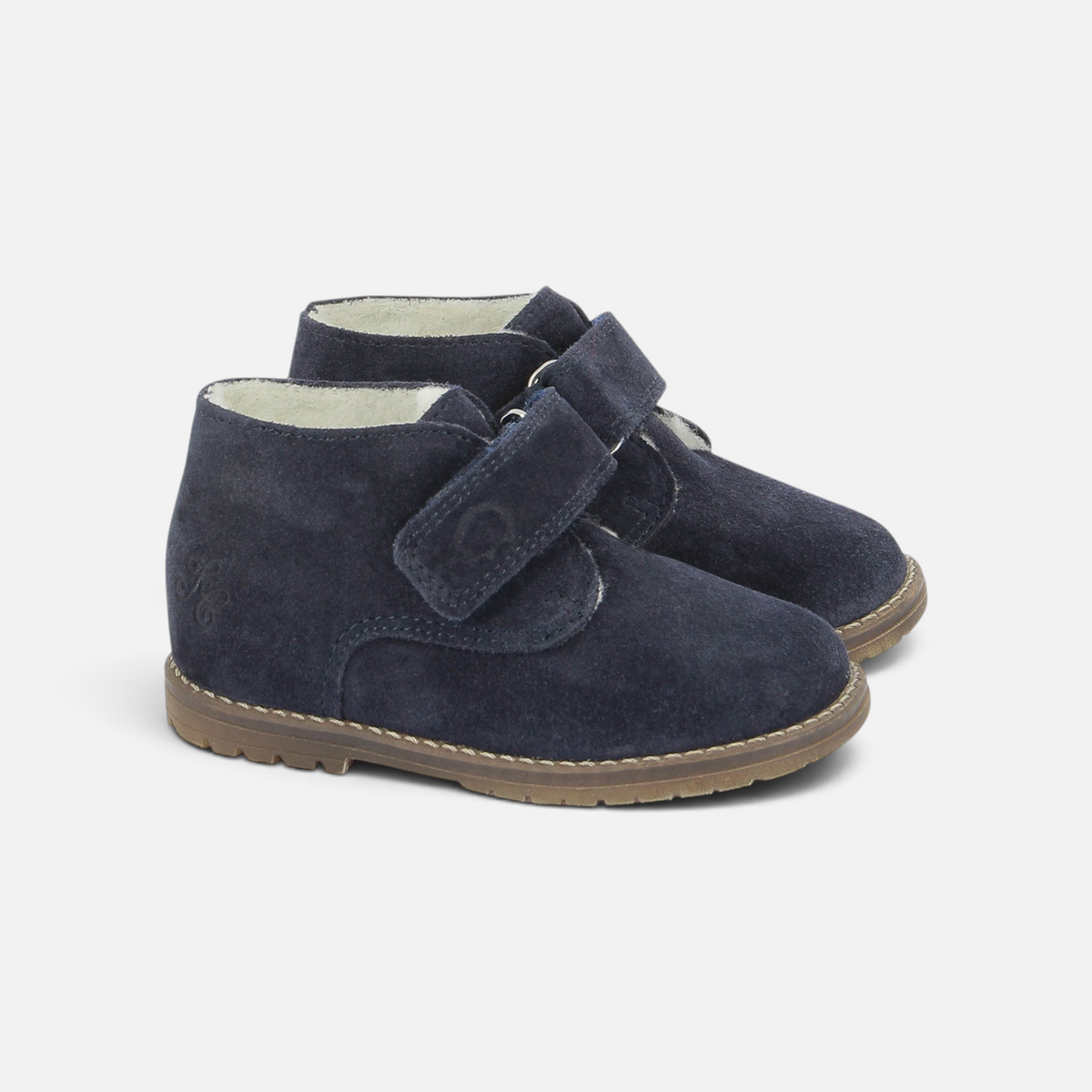 Chaussures premiers-pas Pom d'Api en cuir velours bleu marine avec fermeture velcro et doublure chaude pour l'hiver