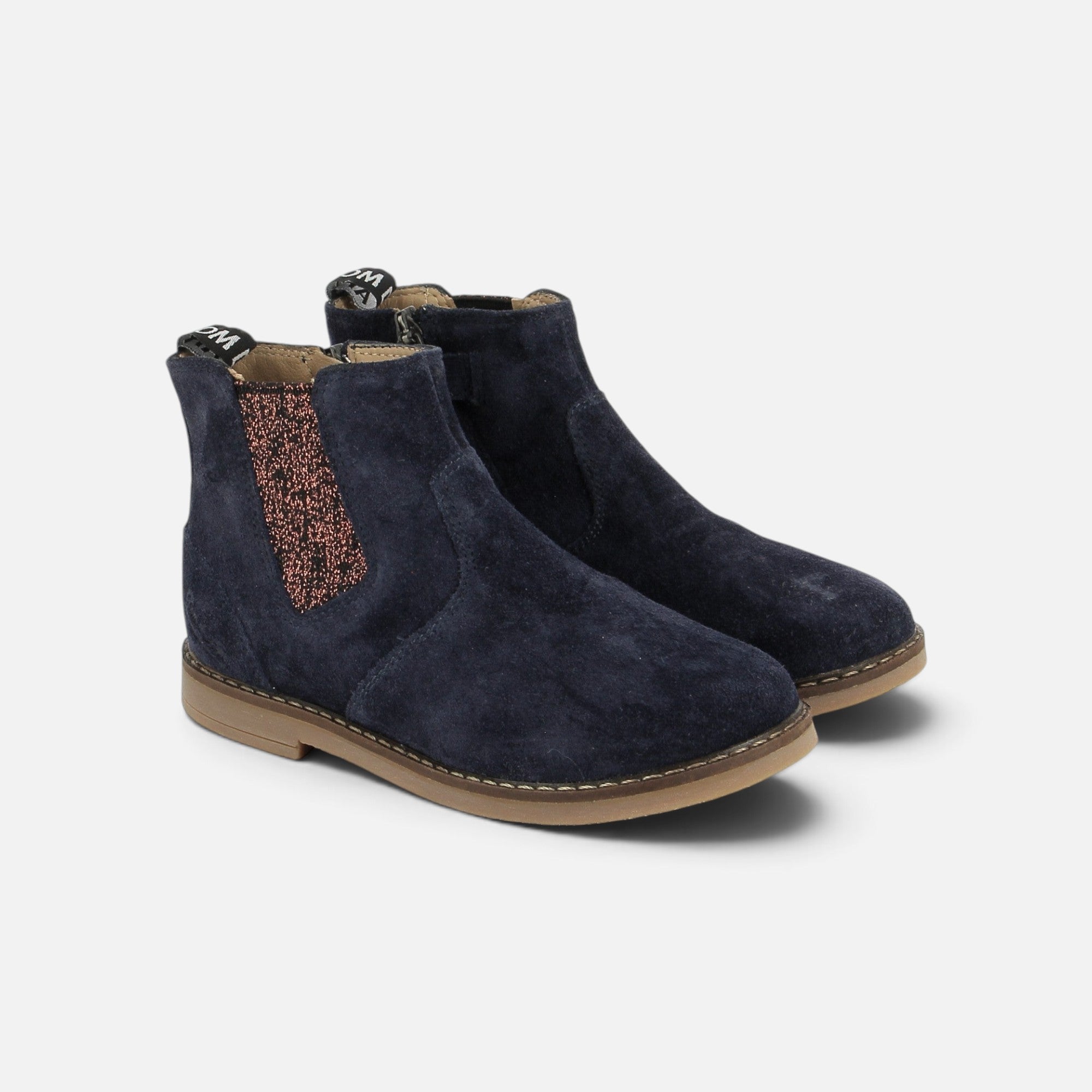 Chelsea boots Pom d'Api Trip en cuir velours bleu marine avec empiècement élastique pailleté et fermeture éclair