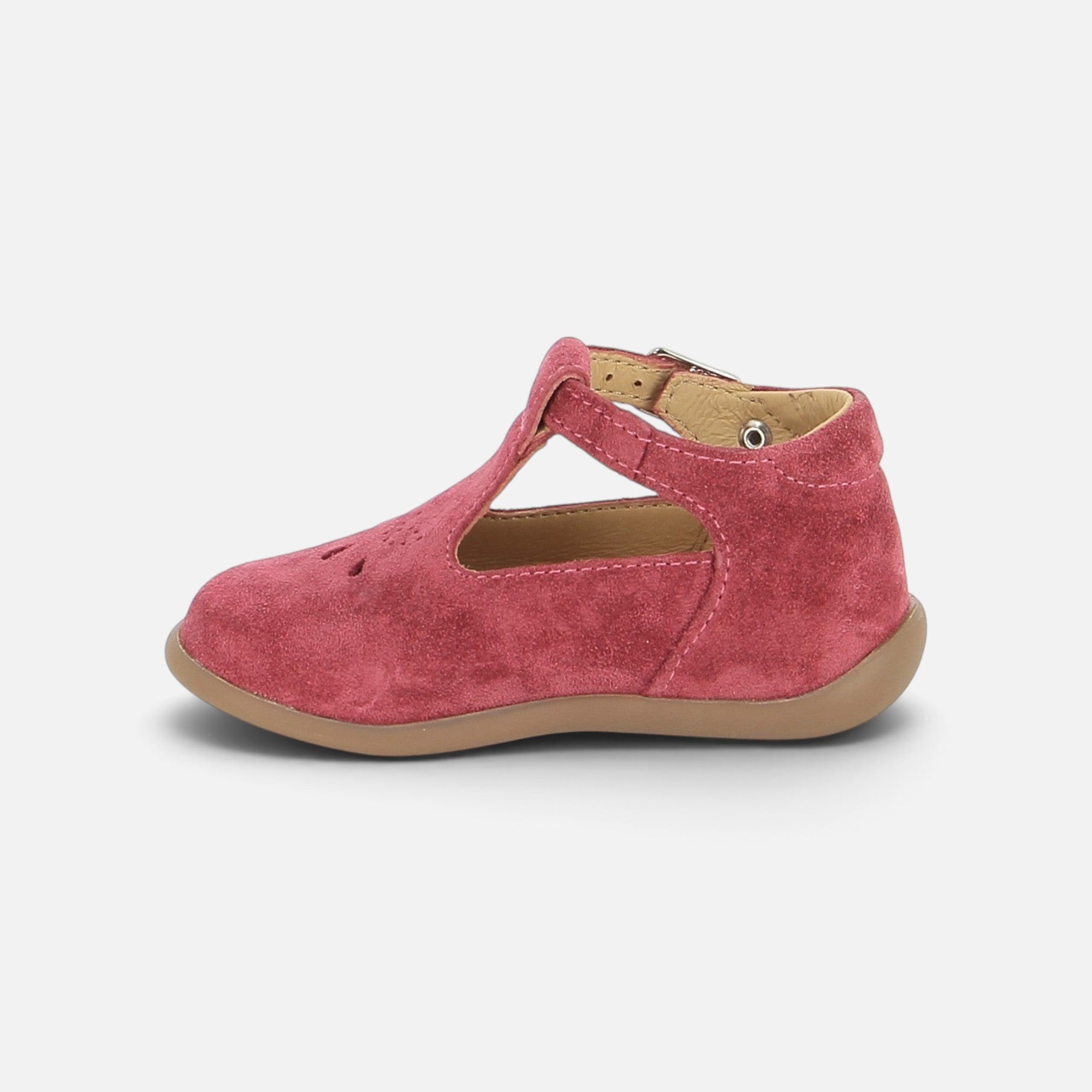 Chaussures Salomé Pom d'Api en velours rouge cerise avec bride réglable et semelle souple anti-torsion