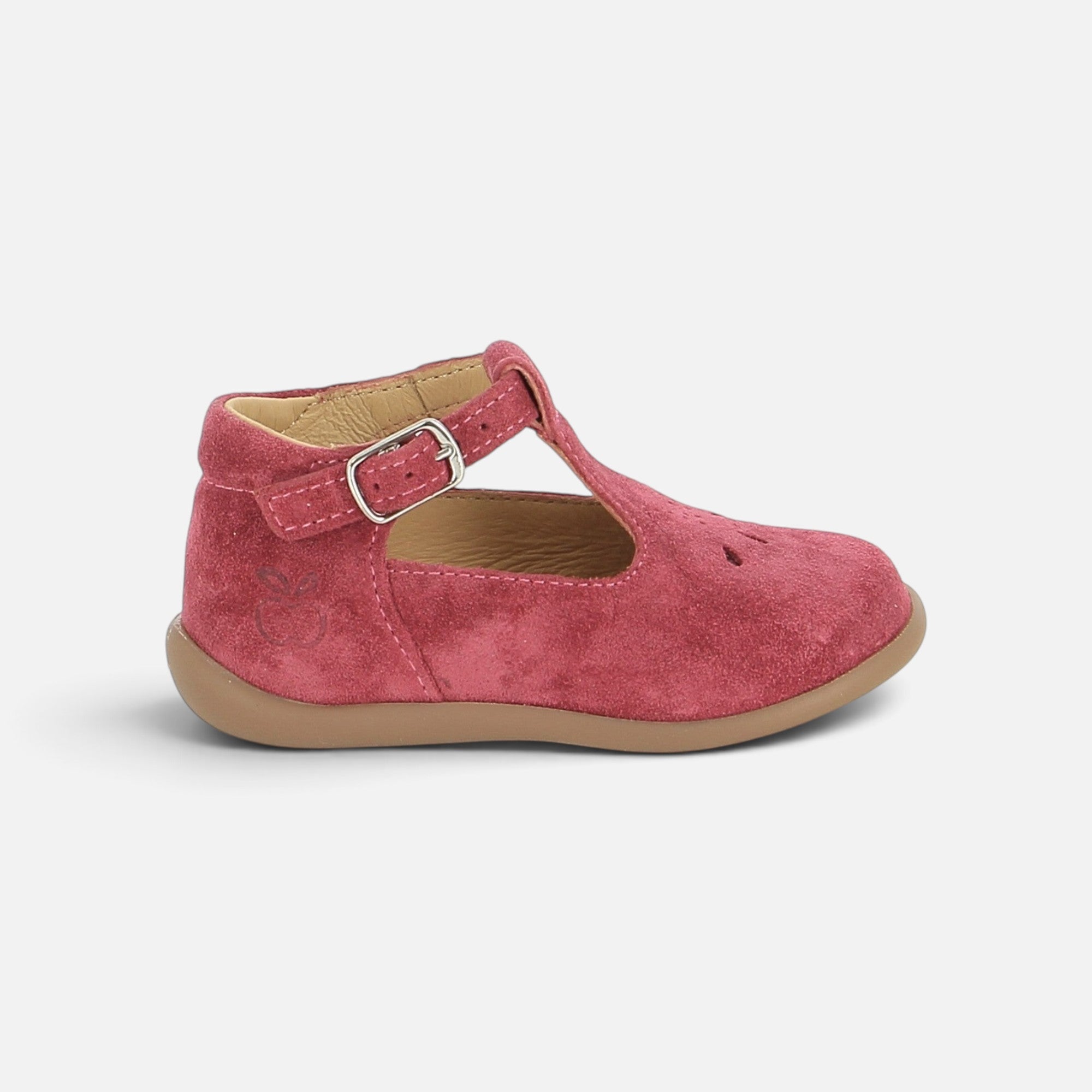 Chaussures salomé Pom d'Api en velours couleur cerise avec bride à boucle et semelle souple anti-torsion