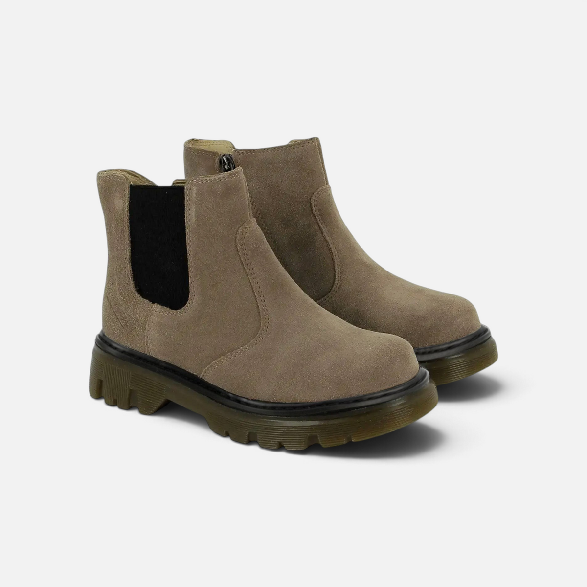 Pom d'Api Clap Jodzip enkellaarsjes van taupe suède met zwarte elastische band, ritssluiting aan de zijkant en antislipzool met profiel
