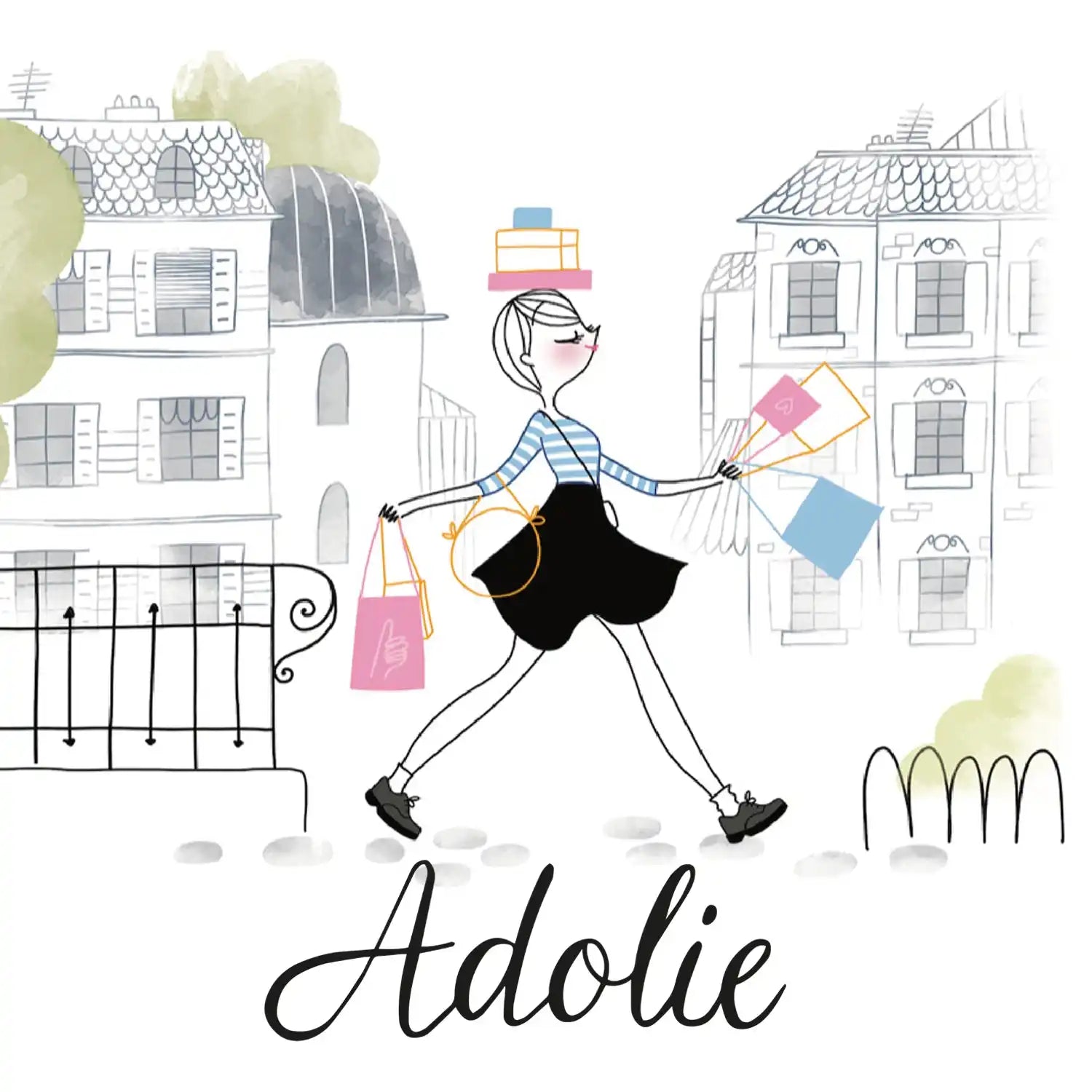 Illustration de style cartoon d'une femme à la mode portant des sacs de shopping et des livres tout en marchant.