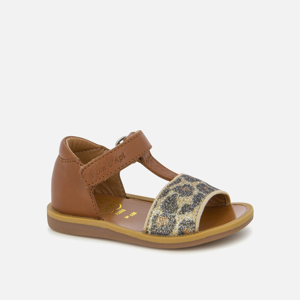 Sandale en cuir lisse camel et paillettes à imprimé animal -