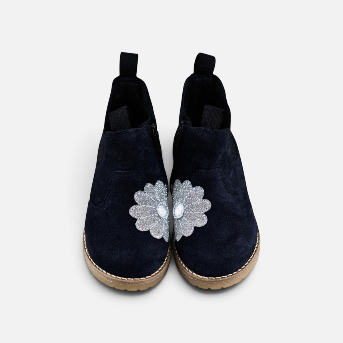 Bottines Chelsea Pom d'Api bleu marine en velours avec motif fleur argentée et zip latéral pour enfant