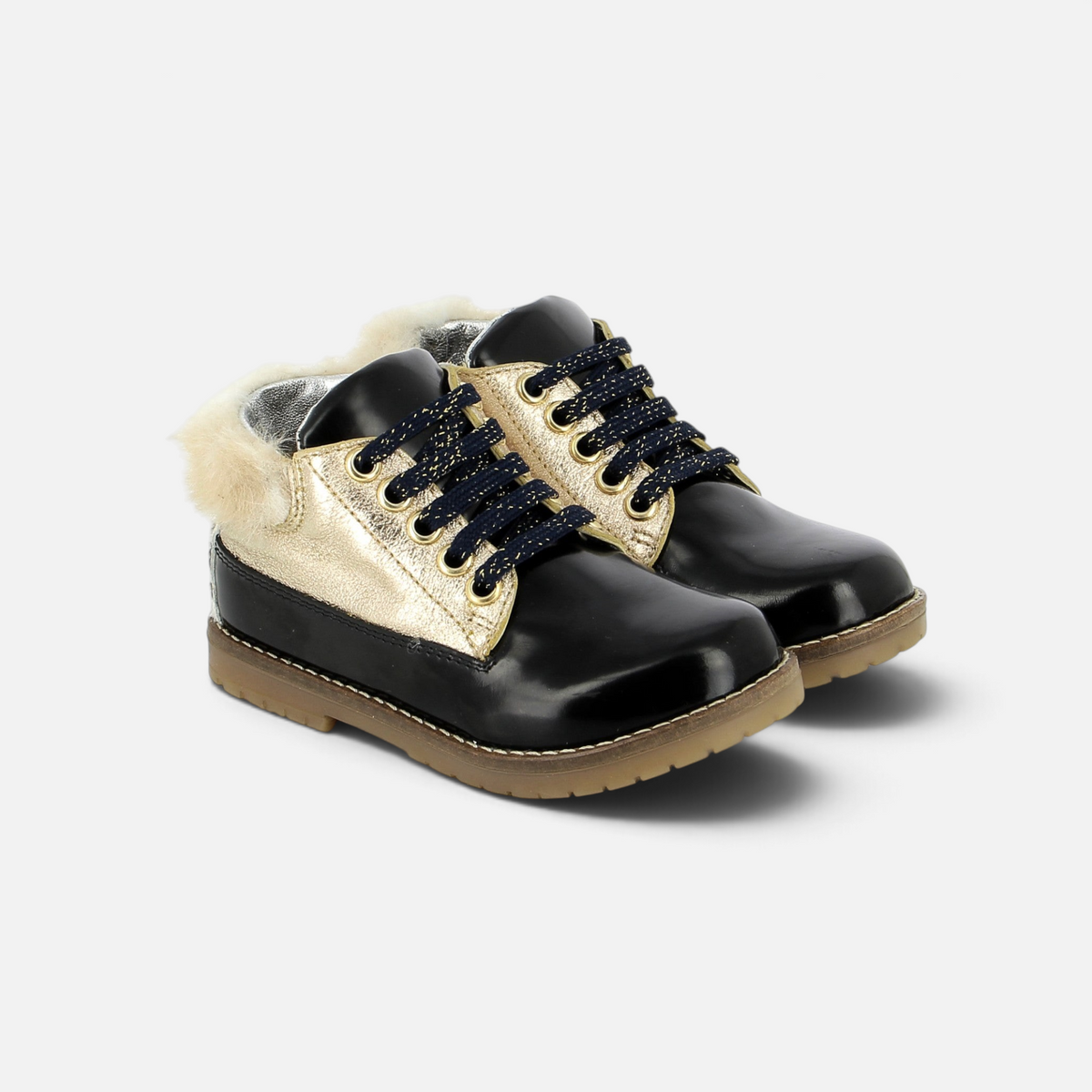 Pom d'Api Bob Black and Gold Patent Leather Ankle Boots with a lined collar, laces, and a side zipper