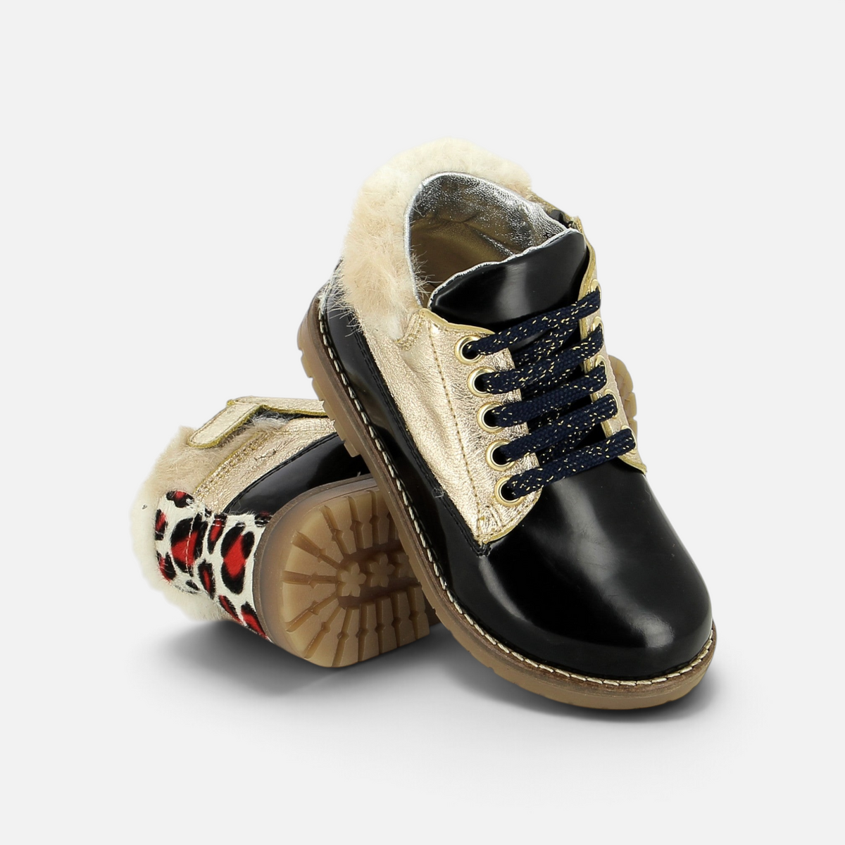 Pom d'Api Bob Zip Black and Gold Ankle Boots with Fur Collar and Leopard-Print Detail on the Heel