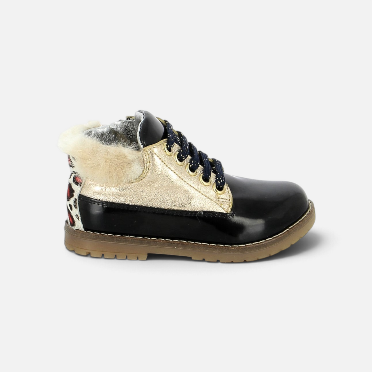 Pom d'Api Bob Zip Work Black and Gold Ankle Boots with Fur Collar, Laces, and Side Zipper for Kids