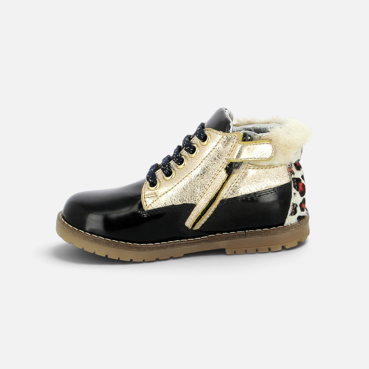 Pom d'Api Bob Zip black and gold ankle boots with leopard-print details, fur-lined collar, and side zipper