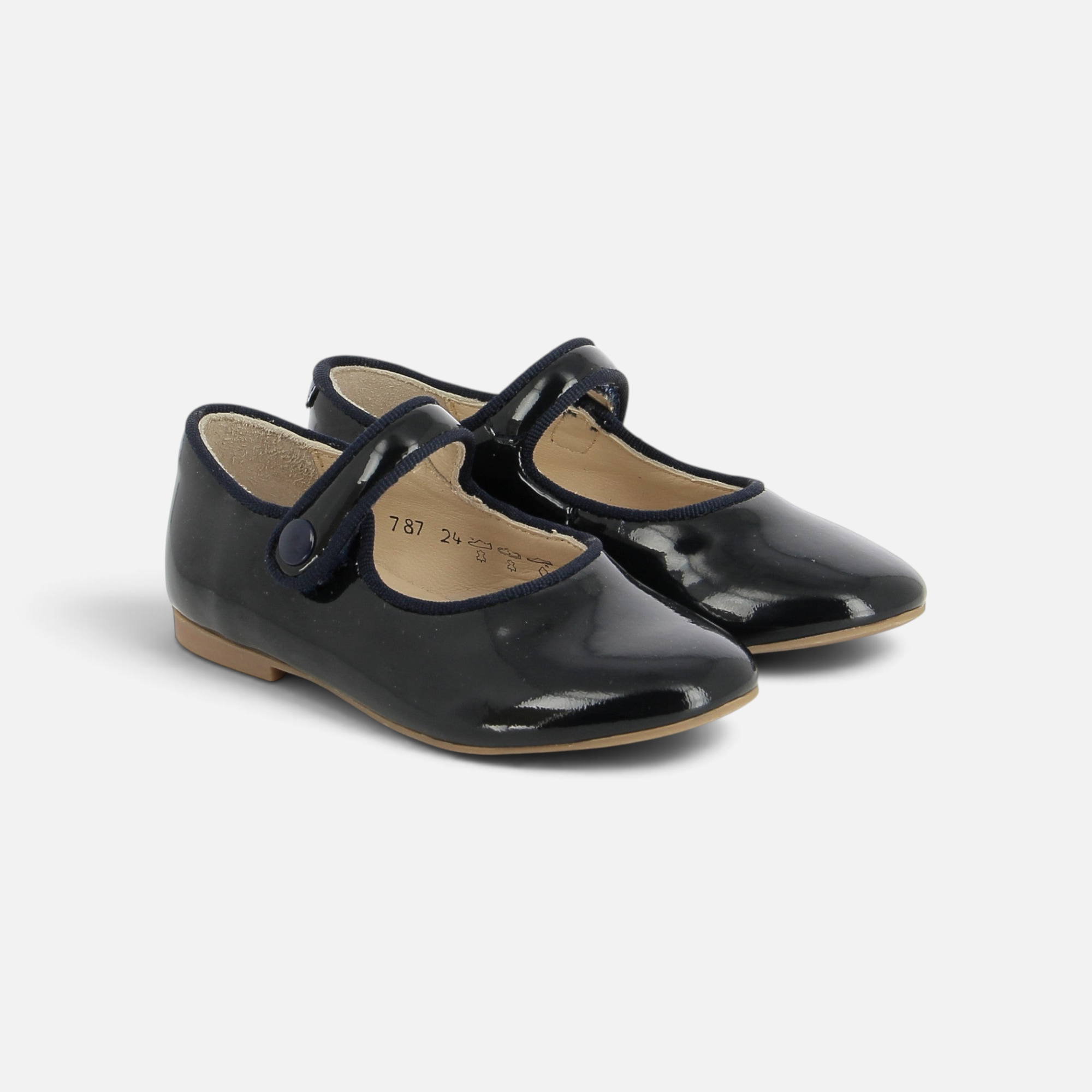 Ballerines Pom d'Api Daisy Baby en cuir vernis bleu marine avec bride à bouton pression pour enfant