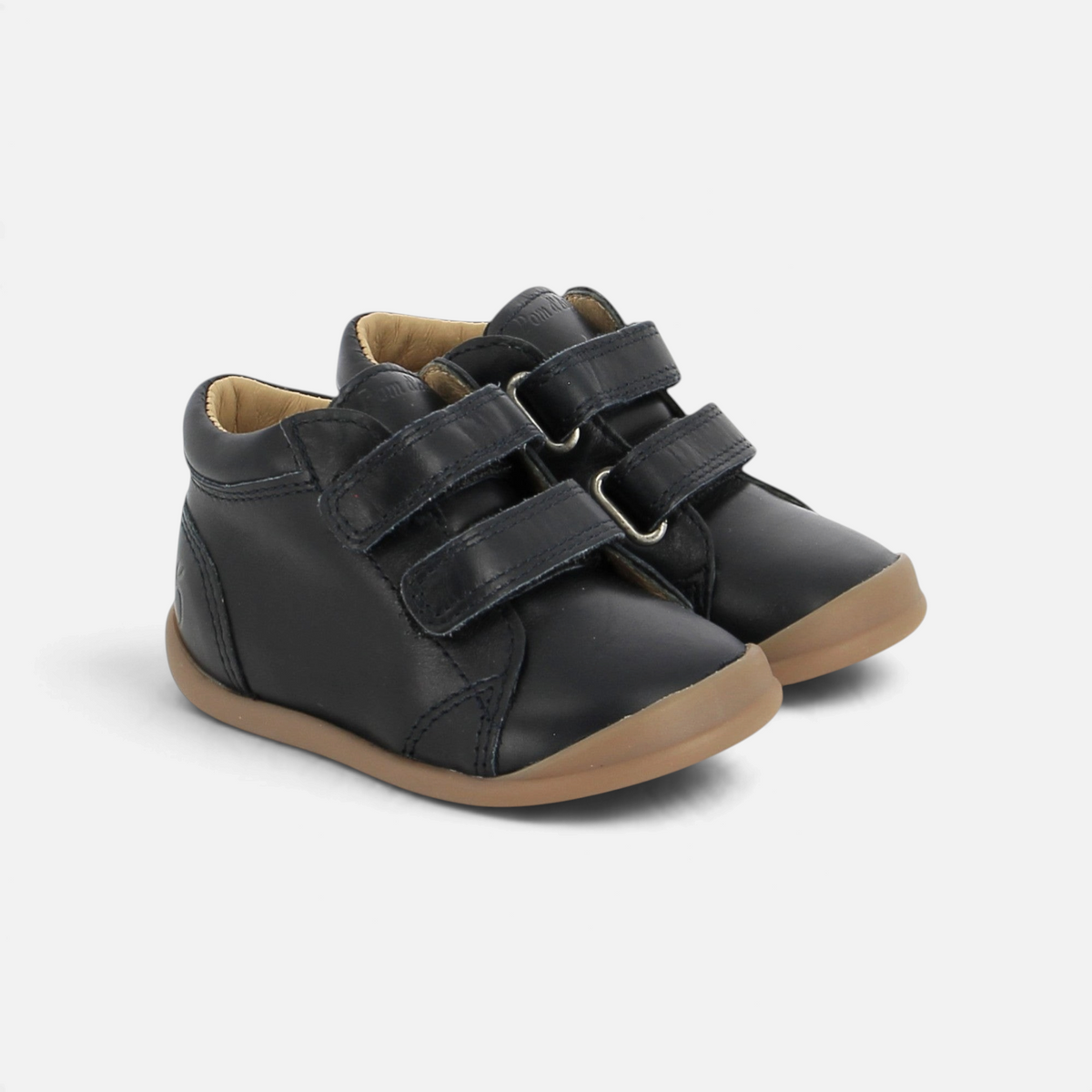Chaussures bébé Pom d'Api Flex-Up Easy en cuir bleu marine avec semelle souple et double fermeture à scratch