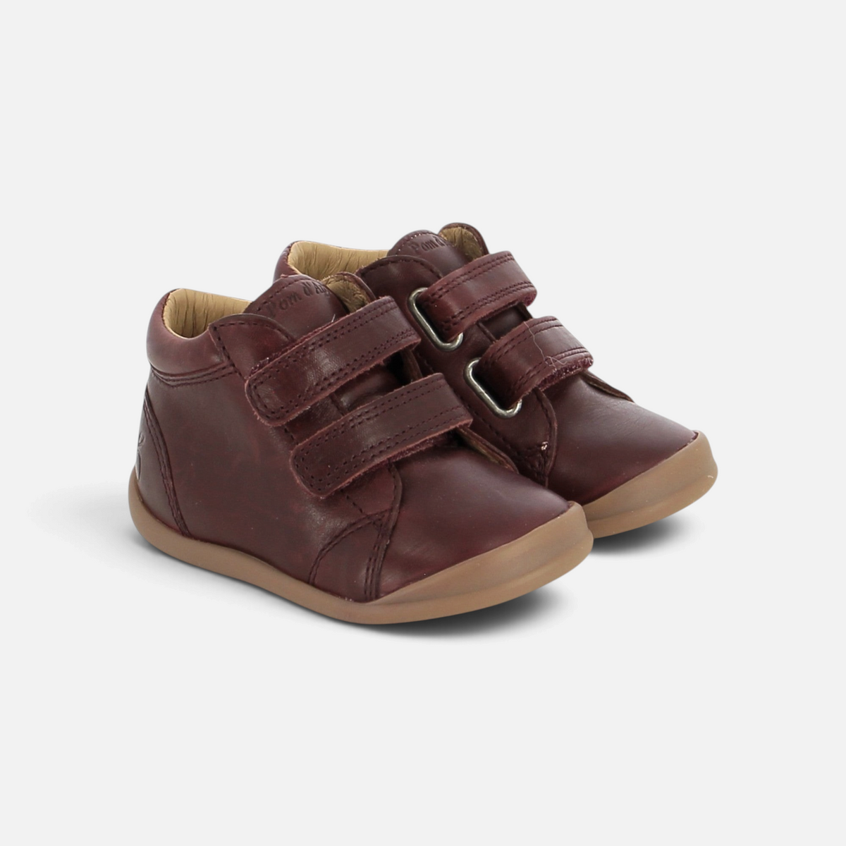 Chaussures montantes Pom d'Api en cuir bordeaux avec double bride scratch et semelle souple antidérapante