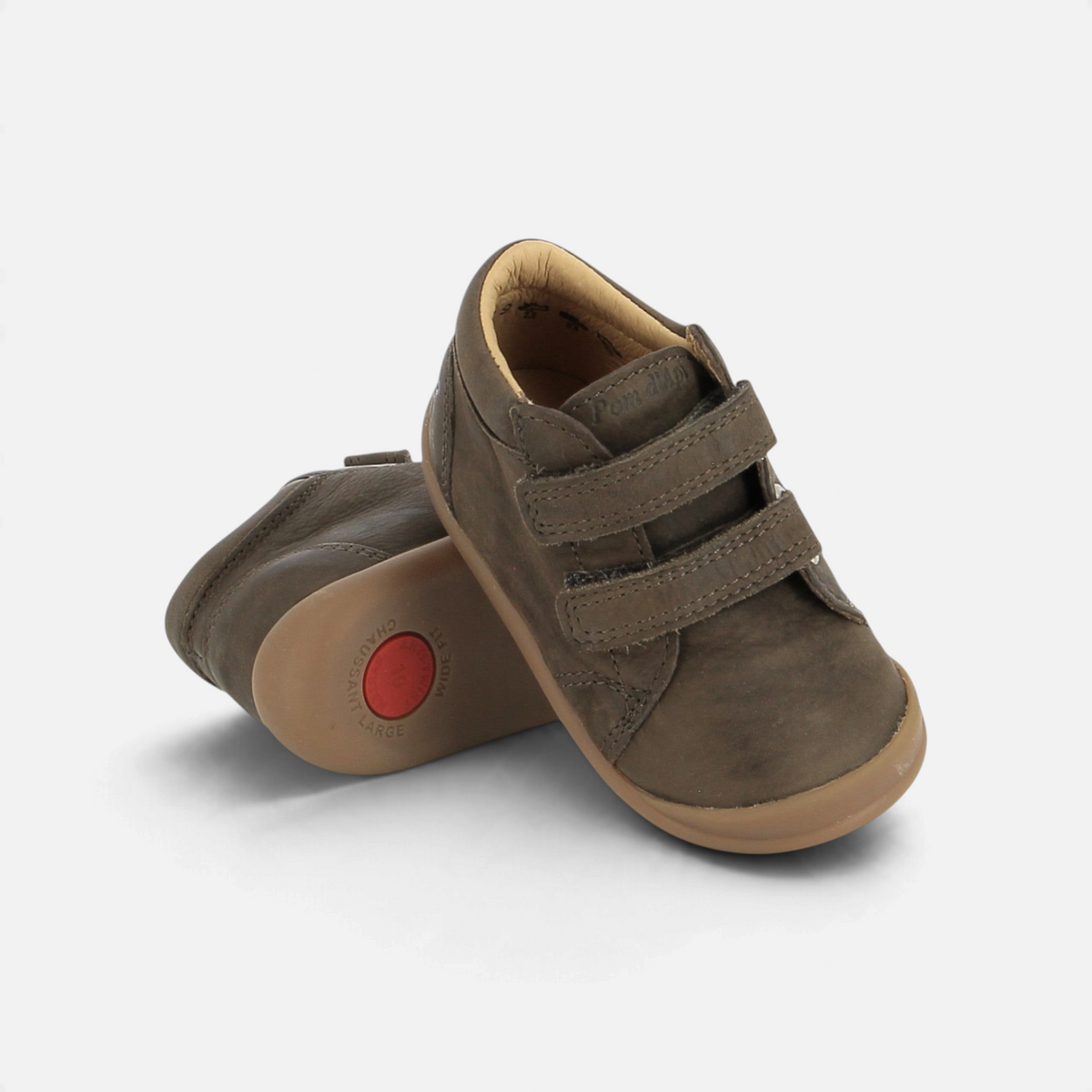 Chaussures enfant Pom d'Api Flex-Up Easy en nubuck grainé brun avec brides à scratch et semelle souple antidérapante