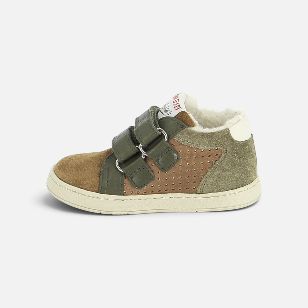 Basket montante fourrée Pom d'Api en cuir velours camel et olive avec double fermeture velcro et semelle souple
