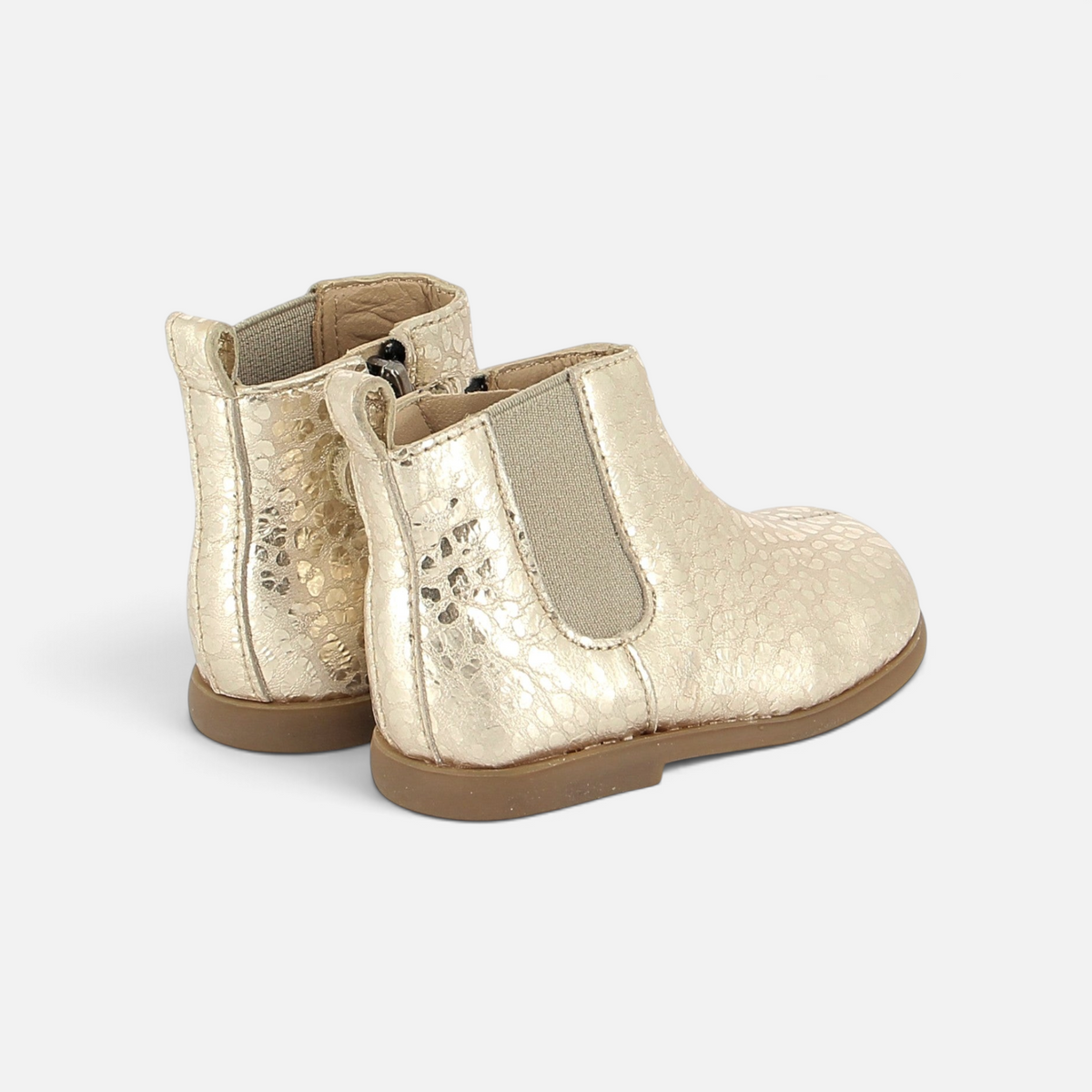 Bottines premiers pas Pom d'Api dorées à motif texturé avec fermeture éclair et élastique pour enfant