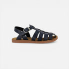 Pom d'Api dark blue leather gladiator sandals with buckle closure and flexible rubber sole.