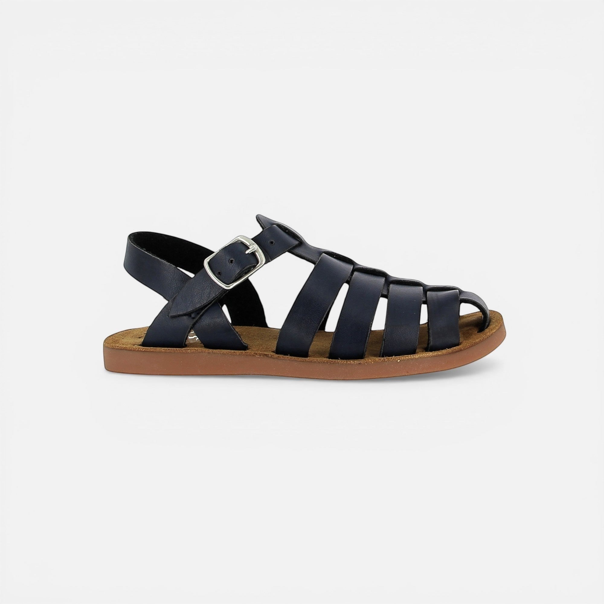 Pom d'Api dark blue leather gladiator sandals with buckle closure and flexible rubber sole.