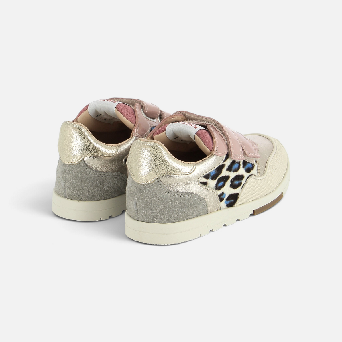 Baskets Pom d'Api Pouss Race Bump rose nude avec détails léopard, scratchs et semelle robuste en caoutchouc