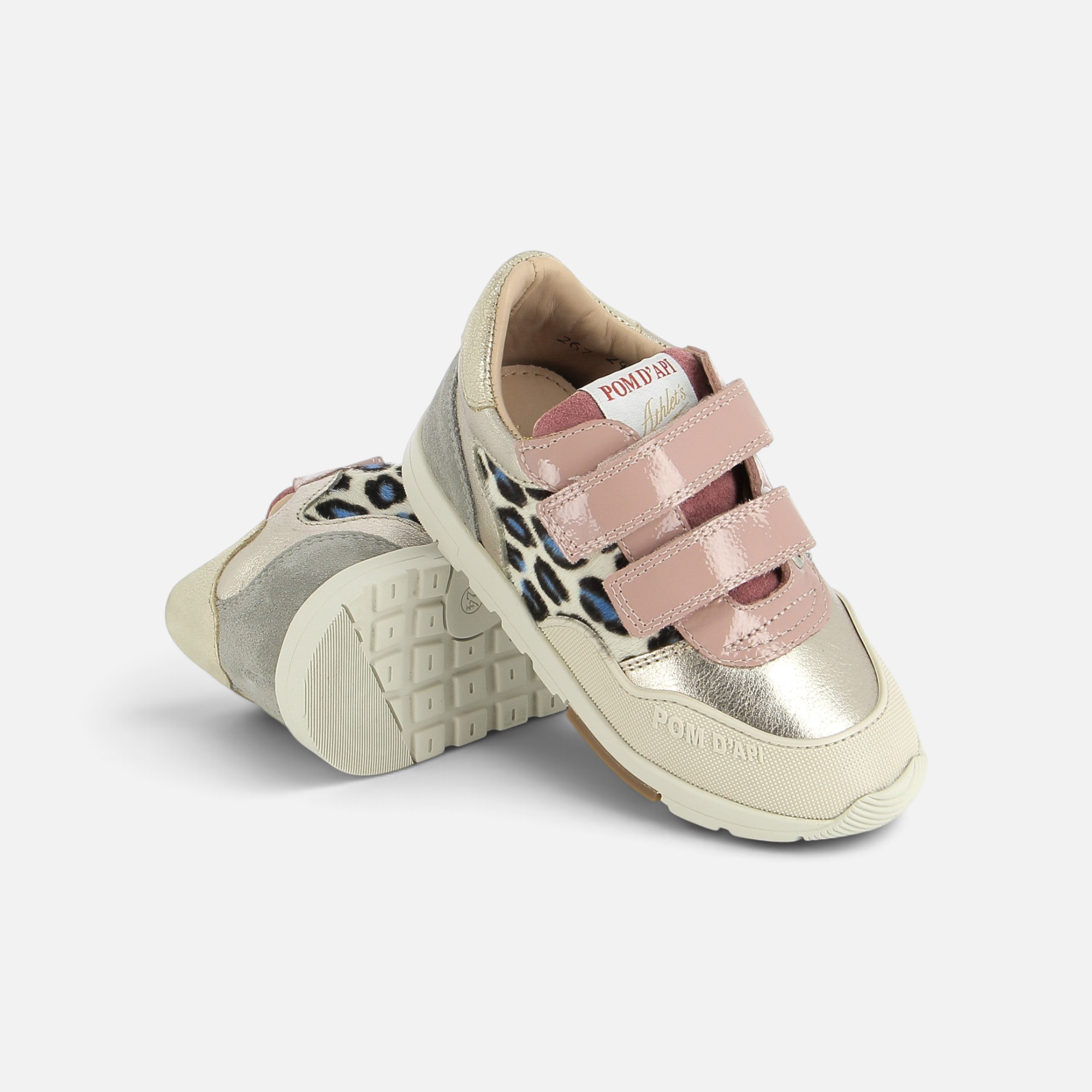 Baskets Pom d'Api Pouss Race Bump rose nude et imprimé léopard avec scratchs et semelle en caoutchouc robuste