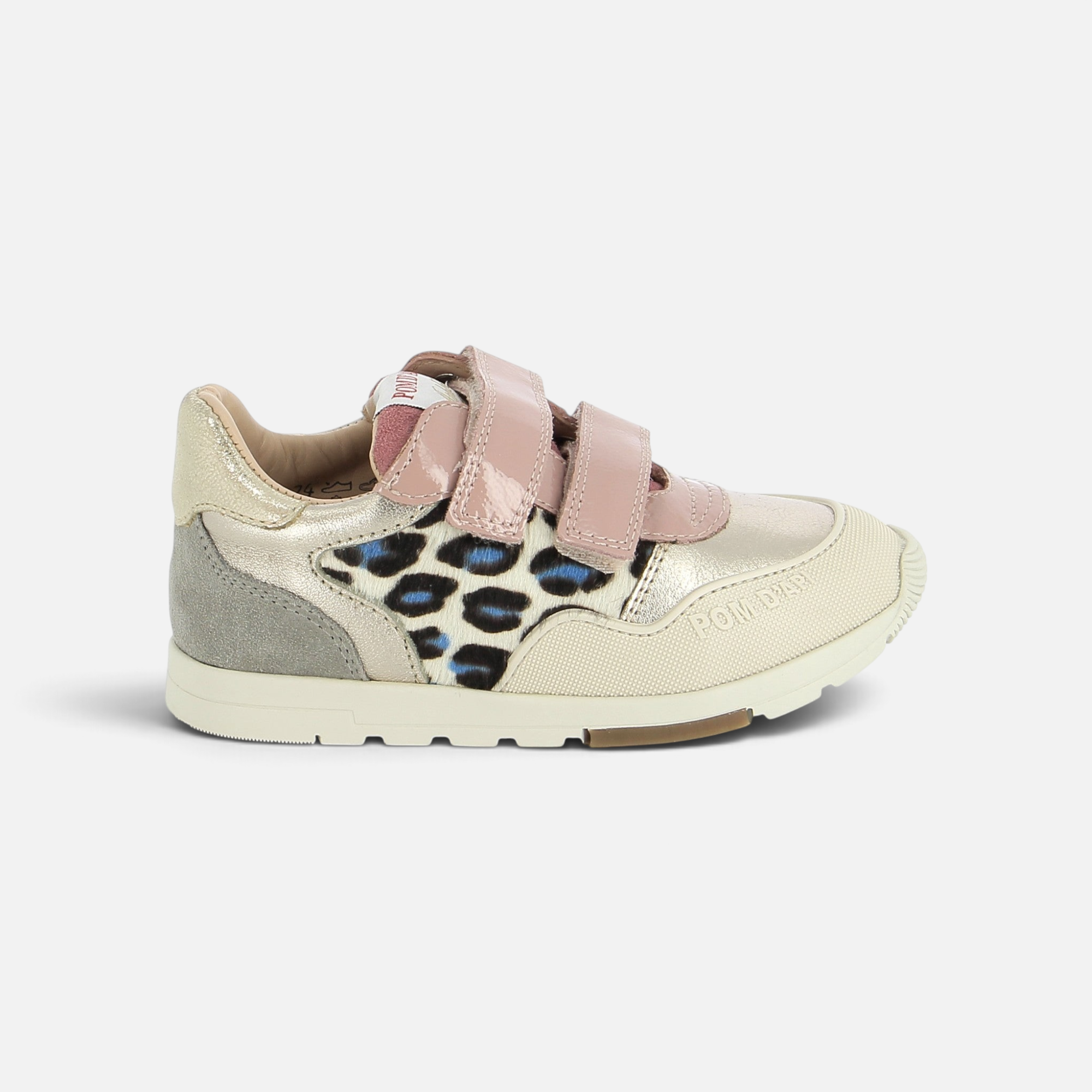 Basket Pom d'Api Pouss Race Bump rose nude et dorée avec détails imprimé léopard et fermetures à scratch