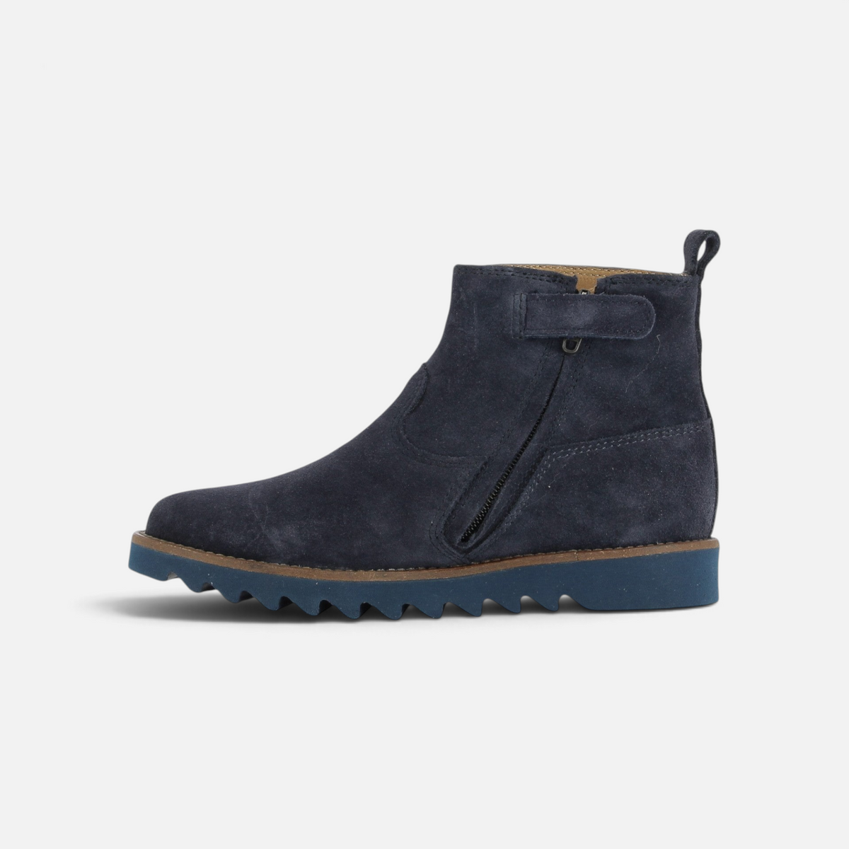 Bottines Pom d'Api Ripple en velours bleu marine avec fermeture éclair latérale et semelle crantée en caoutchouc