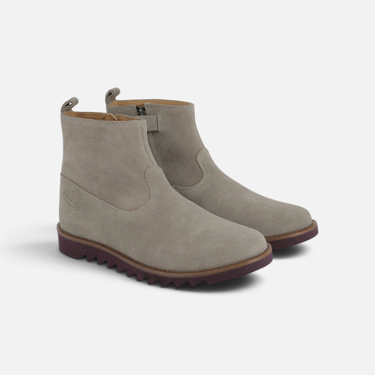 Bottines Pom d'Api Ripple en cuir velours taupe avec fermeture éclair latérale et semelle crantée antidérapante